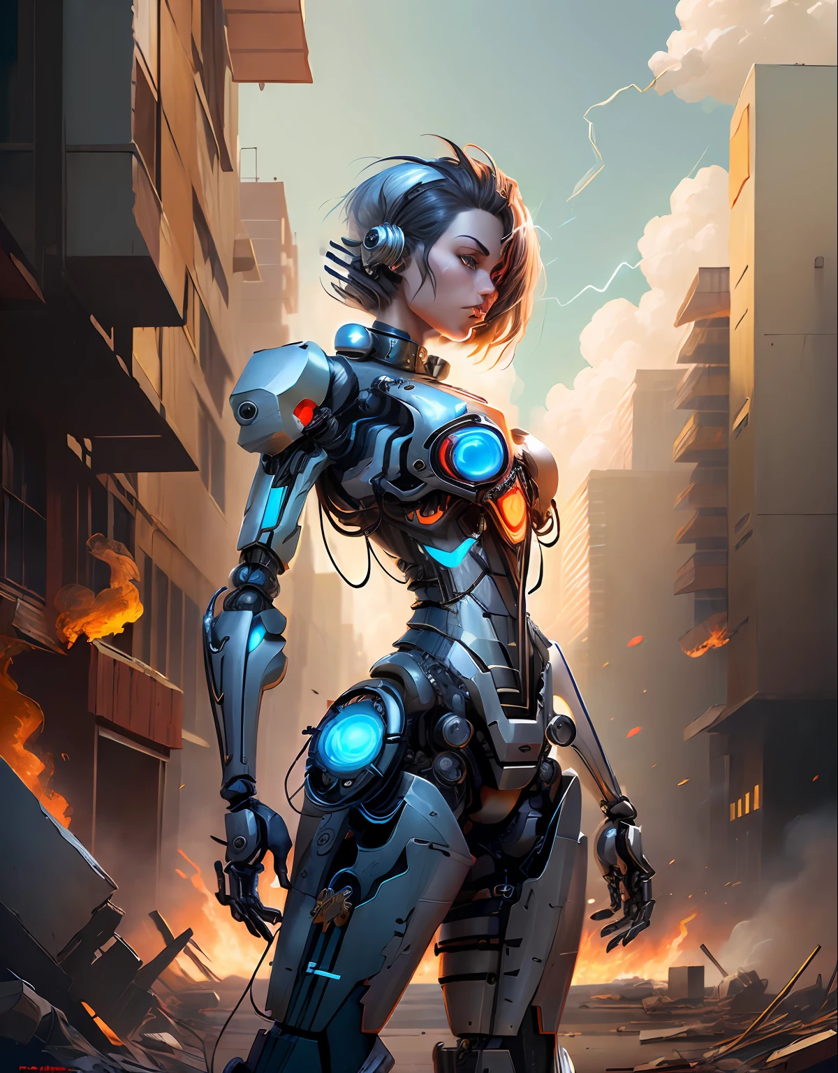 (reelmech:1.5),fighting , glowing eyes, short hair,torn tight supersuit, in a destroyed city, smoke and fire, glowing power aura, dynamic pose, dynamic view