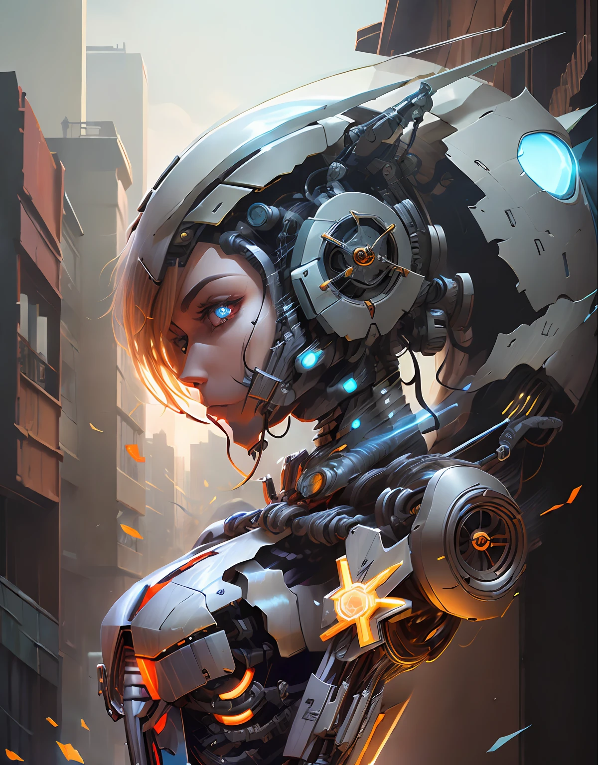 (reelmech:1.5),fighting , glowing eyes, short hair,torn tight supersuit, in a destroyed city, smoke and fire, glowing power aura, dynamic pose, dynamic view