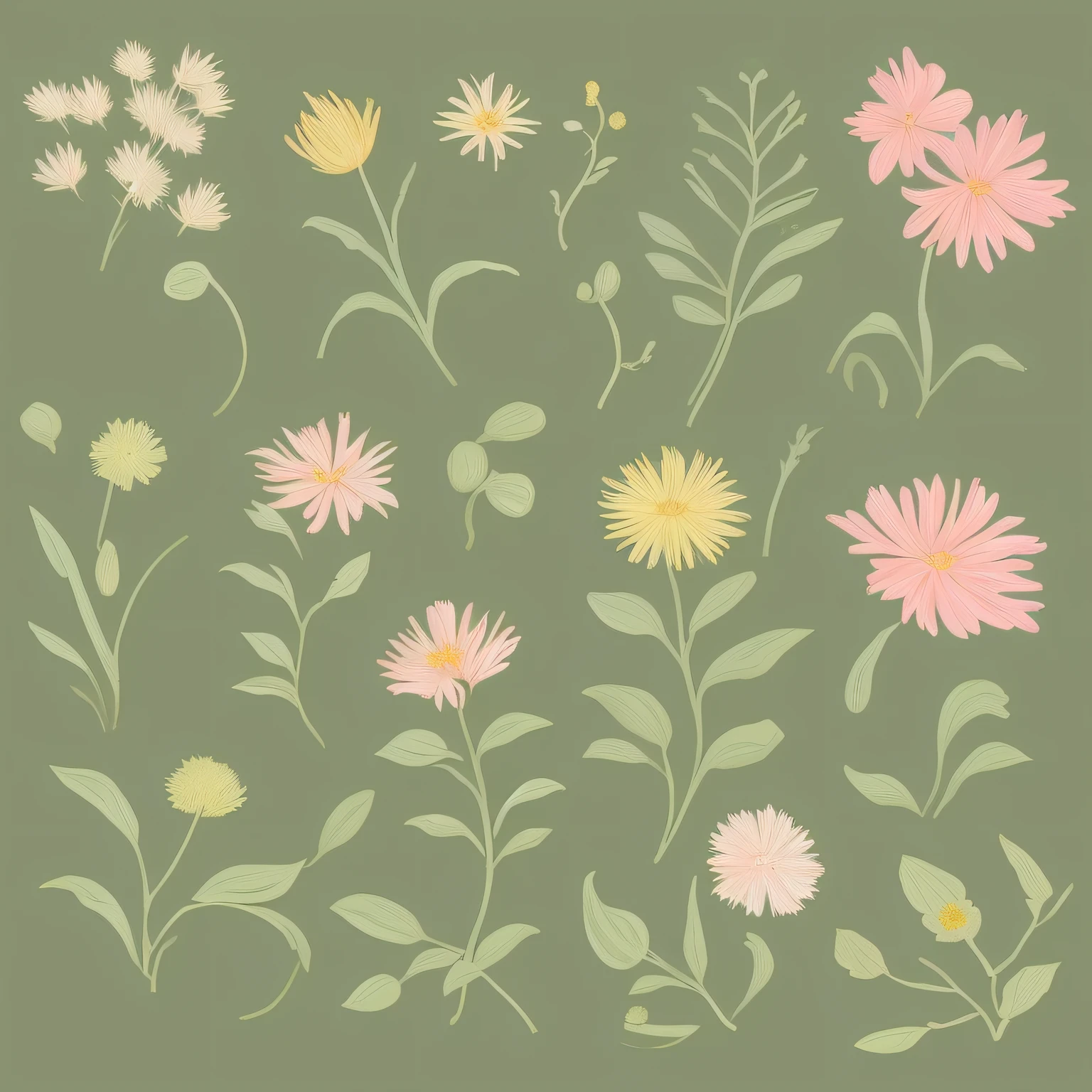 Small flower design, botanical style, label style, flat style, vector style, drawing style, naïve style, in very soft pastel colors such as pink, pastel purple, pastel green, pastel blue, light blue, beige, light pastel yellow. Light pastel blue background.