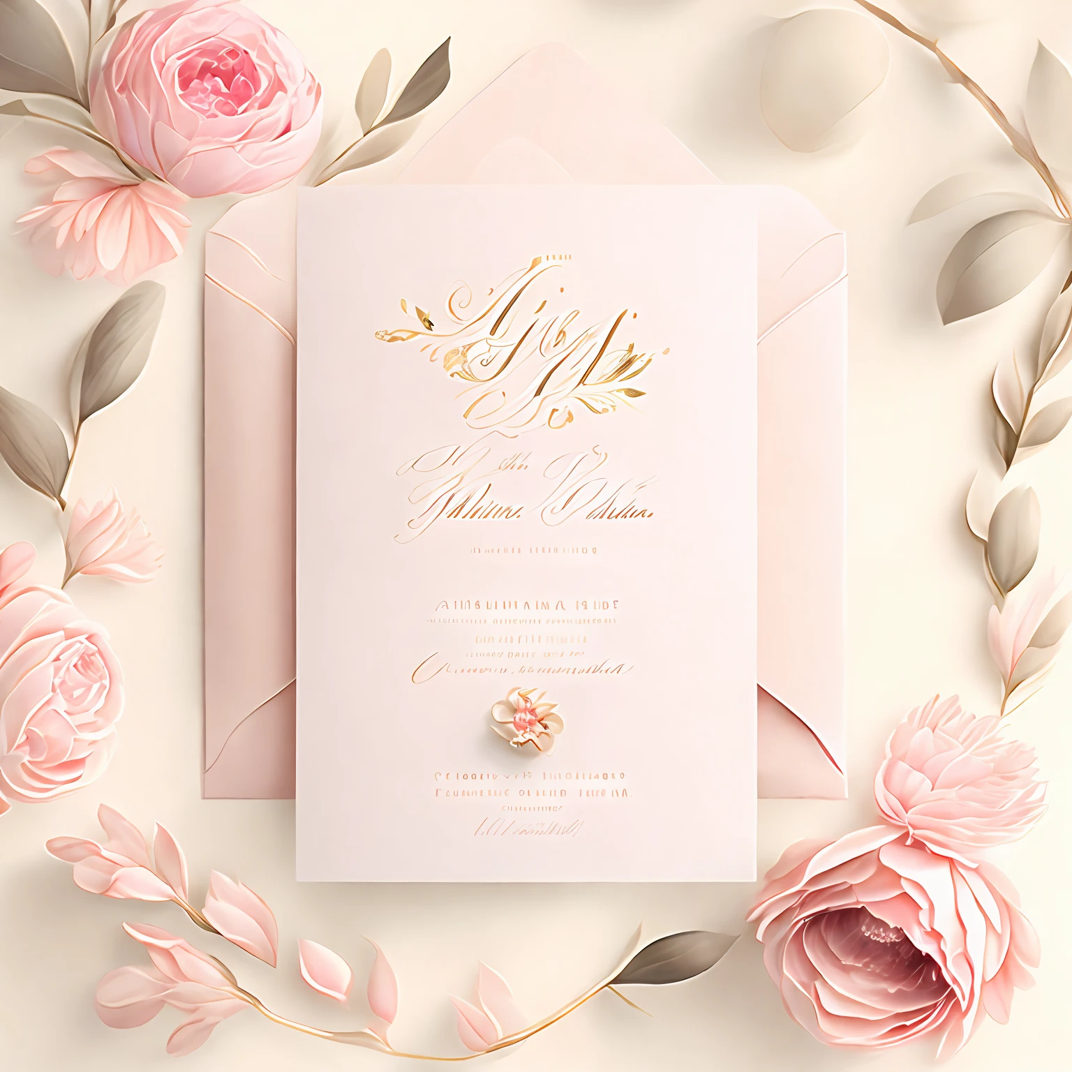 ((Best quality)), ((masterpiece)), (detailed),Wedding Invitation Design
Type of Image: Digital Illustration
Subject Description: Design a {romantic and elegant} wedding invitation that captures the essence of love and celebration. Incorporate {floral elements} such as {roses, peonies, or cherry blossoms} to symbolize beauty and new beginnings. Include {subtle gold accents} to add a touch of luxury and sophistication. The invitation should feature the names of the couple, the date, time, and venue of the wedding.
Art Styles: Romantic, Floral, Elegant
Art Inspirations: Draw inspiration from {watercolor artists like Anna Bond}, {floral pattern designs by Rifle Paper Co.}, and {calligraphy by Laura Hooper}.
Render Related Information: Create a {portrait-oriented} design with a {soft color palette} to evoke a sense of romance and serenity. Incorporate {hand-drawn elements} like flowers and leaves to add a personal touch. Consider using {script or cursive fonts} for the couple's names and important details. Ensure the design is visually appealing and easy to read. Aim for a {high-resolution} image suitable for both digital and print formats.