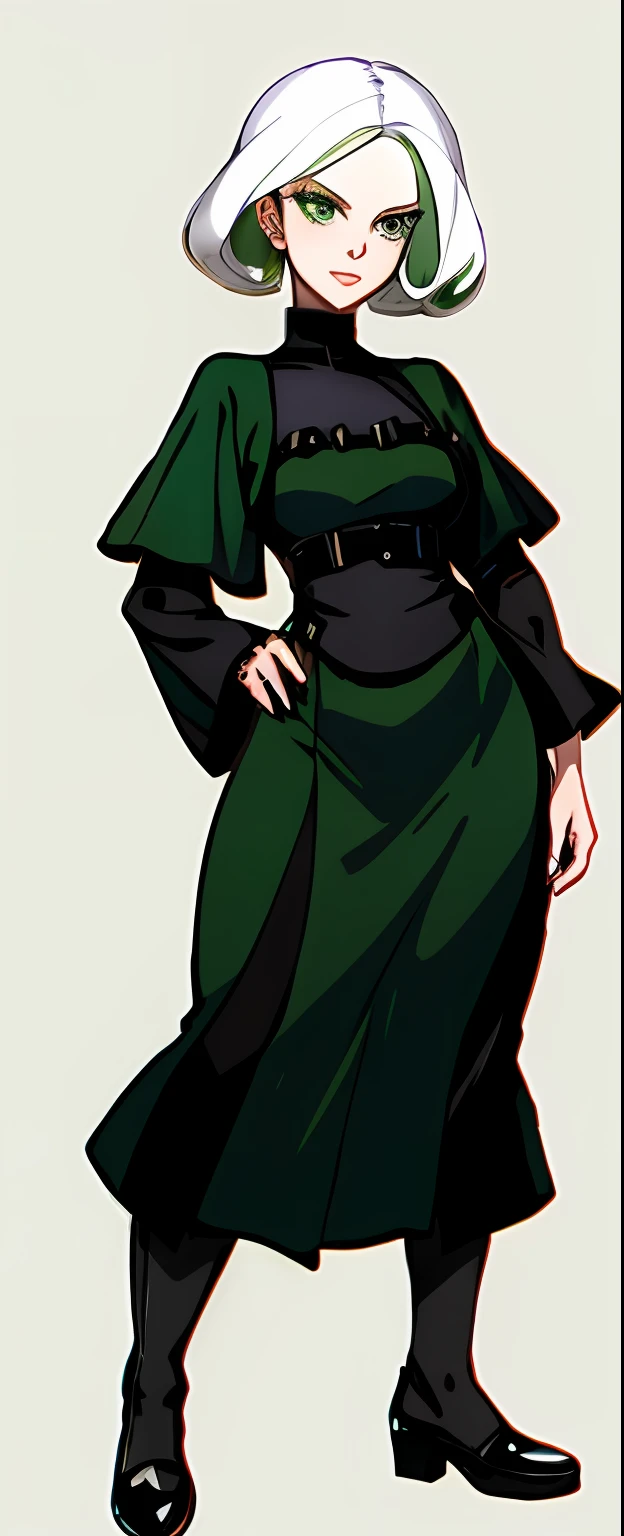 cartoon of a woman in a green dress and hat, tatsumaki, with a green cloak, she wears a dark green dress, human :: sorceress, tatsumaki from one punch man, dressed in a green robe, green robes, green dress with a black hood, green cloak, inspired by Sakai Hōitsu, green and black