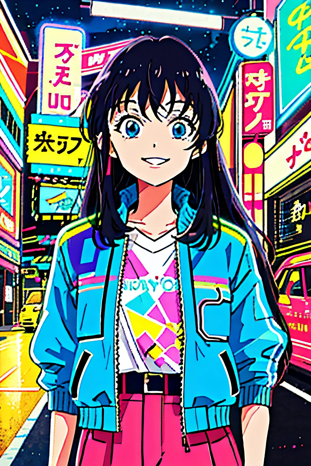 masterpiece, best quality, 1girl, city pop, night, neon lights, looking at another, upper body, vector illustration, jacket, light smile, dull bangs, long hair, 80s, old, art, neo tokyo, neon street