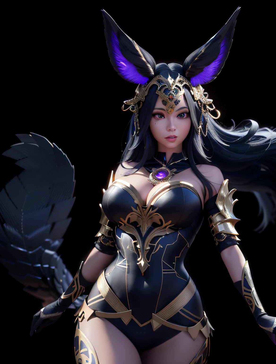 a close up of a woman in a costume with a bird on her shoulder, hyperdetailed fantasy character, mystical anubis valkyrie, seraphine ahri kda, 3 d render character art 8 k, 8k high quality detailed art, dark fox mage, ahri, unreal engine render + a goddess, artgerm ; 3d unreal engine