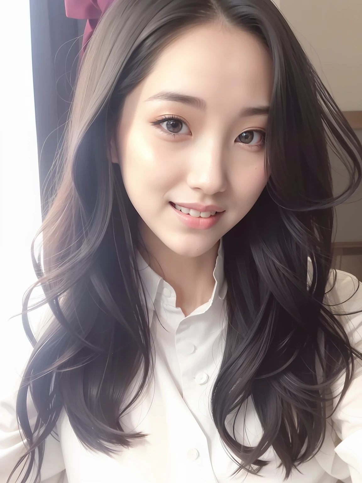 Arafod woman with long black hair and white shirt, in Yeonnam, Choi Hyun-hwa, Korean girl, Wan cute Korean face, bright smile, white neat teeth, Lee Ji-eun, Lee Ji-eun, beautiful Korean woman, Hwang Se-an, beautiful Korean young woman, gorgeous Korean young woman, cute Korean actress, Kim Tae-joon, Krystal, Kim Kim Young, shot with Canon EOA 6 D Mark II, HD photo portrait