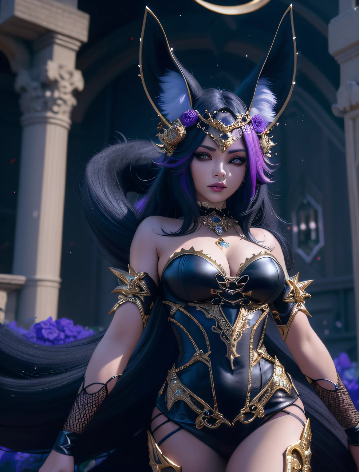 arafed woman in a black and gold costume with purple hair, seraphine ahri kda, wlop and artgerm, artgerm ; 3d unreal engine, fantasy art style, hyperdetailed fantasy character, 8k high quality detailed art, ig model | artgerm, 2. 5 d cgi anime fantasy artwork