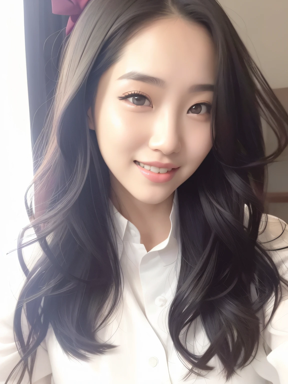 Arafod woman with long black hair and white shirt, in Yeonnam, Choi Hyun-hwa, Korean girl, Wan cute Korean face, bright smile, white neat teeth, Lee Ji-eun, Lee Ji-eun, beautiful Korean woman, Hwang Se-an, beautiful Korean young woman, gorgeous Korean young woman, cute Korean actress, Kim Tae-joon, Krystal, Kim Kim Young, shot with Canon EOA 6 D Mark II, HD photo portrait