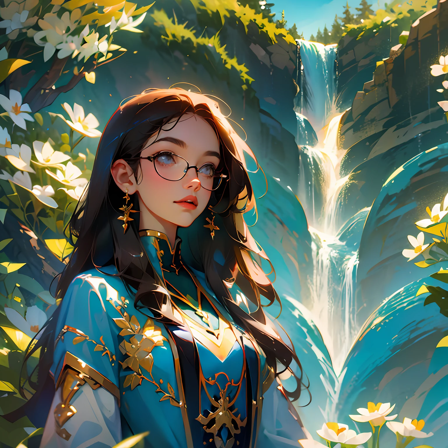 (high quality), (masterpiece), (anime), cute, romantic, best quality, 2others, couple, mature, adult, height difference, different fashion, different color, casual clothes, long sleeves, smile, happy, love, swirling wind, blue sky, man with long hair, man with light brown hair, woman with black hair, woman with long hair, woman with glasses, castle, waterfall --auto --s2