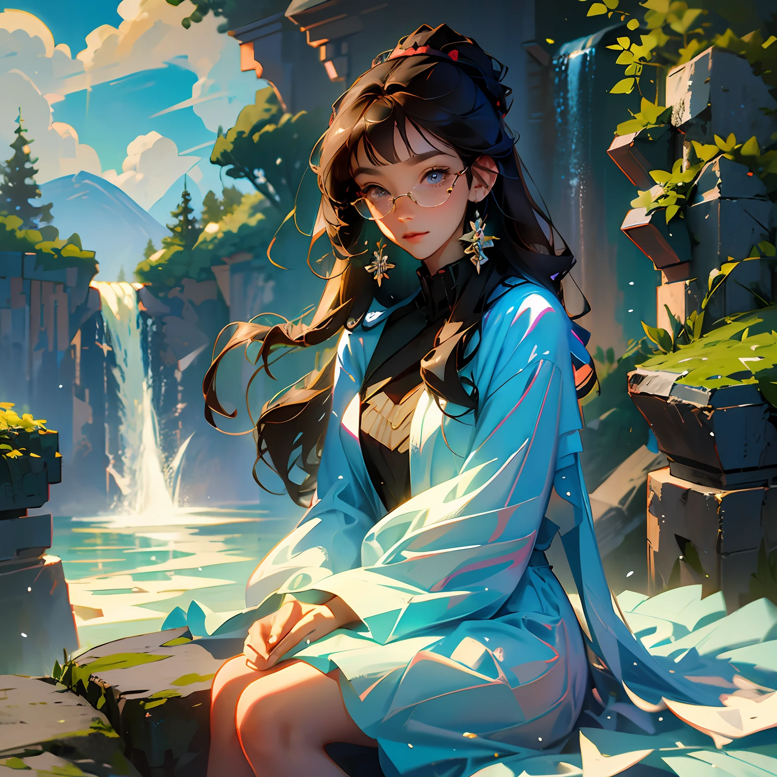 (high quality), (masterpiece), (anime), cute, romantic, best quality, 2others, couple, mature, adult, height difference, different fashion, different color, casual clothes, long sleeves, smile, happy, love, swirling wind, blue sky, man with long hair, man with light brown hair, woman with black hair, woman with long hair, woman with glasses, castle, waterfall --auto --s2