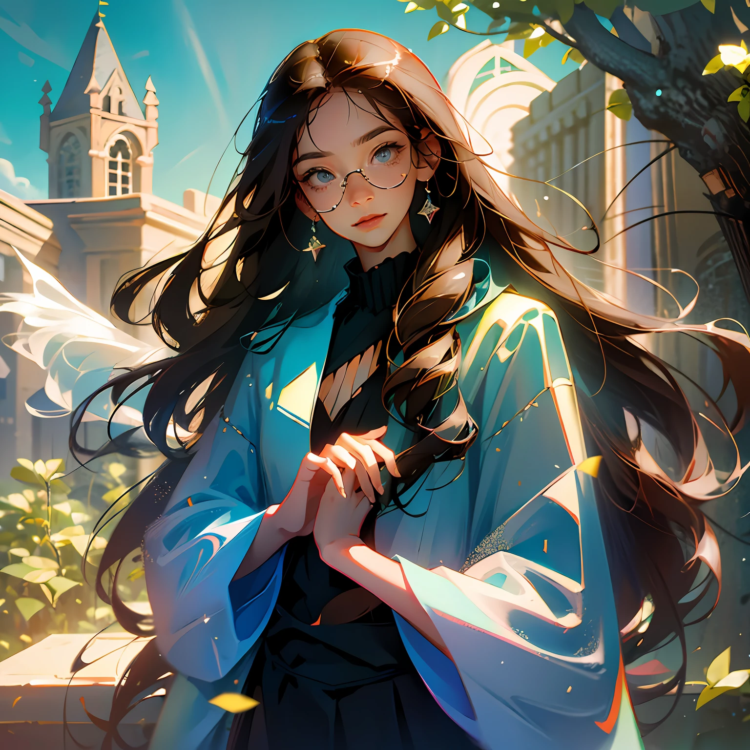 (high quality), (masterpiece), (anime), cute, romantic, best quality, 2others, couple, mature, adult, height difference, different fashion, different color, casual clothes, long sleeves, smile, happy, love, swirling wind, blue sky, man with long hair, man with light brown hair, woman with black hair, woman with long hair, woman with glasses, castle --auto --s2
