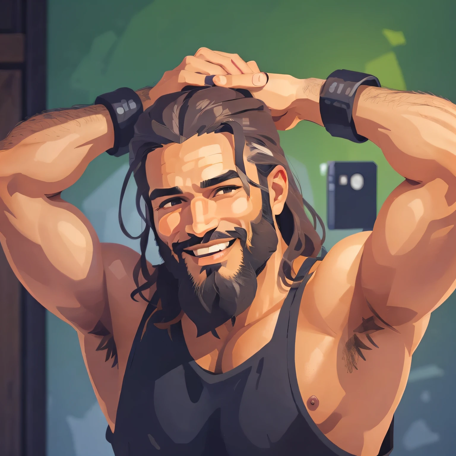 Man with beard and black shirt smiling, beard on his neck, hairy arms his palms, holding his hands up to his head, showing forehead, armpit, pose satisfied in carton --auto --s2