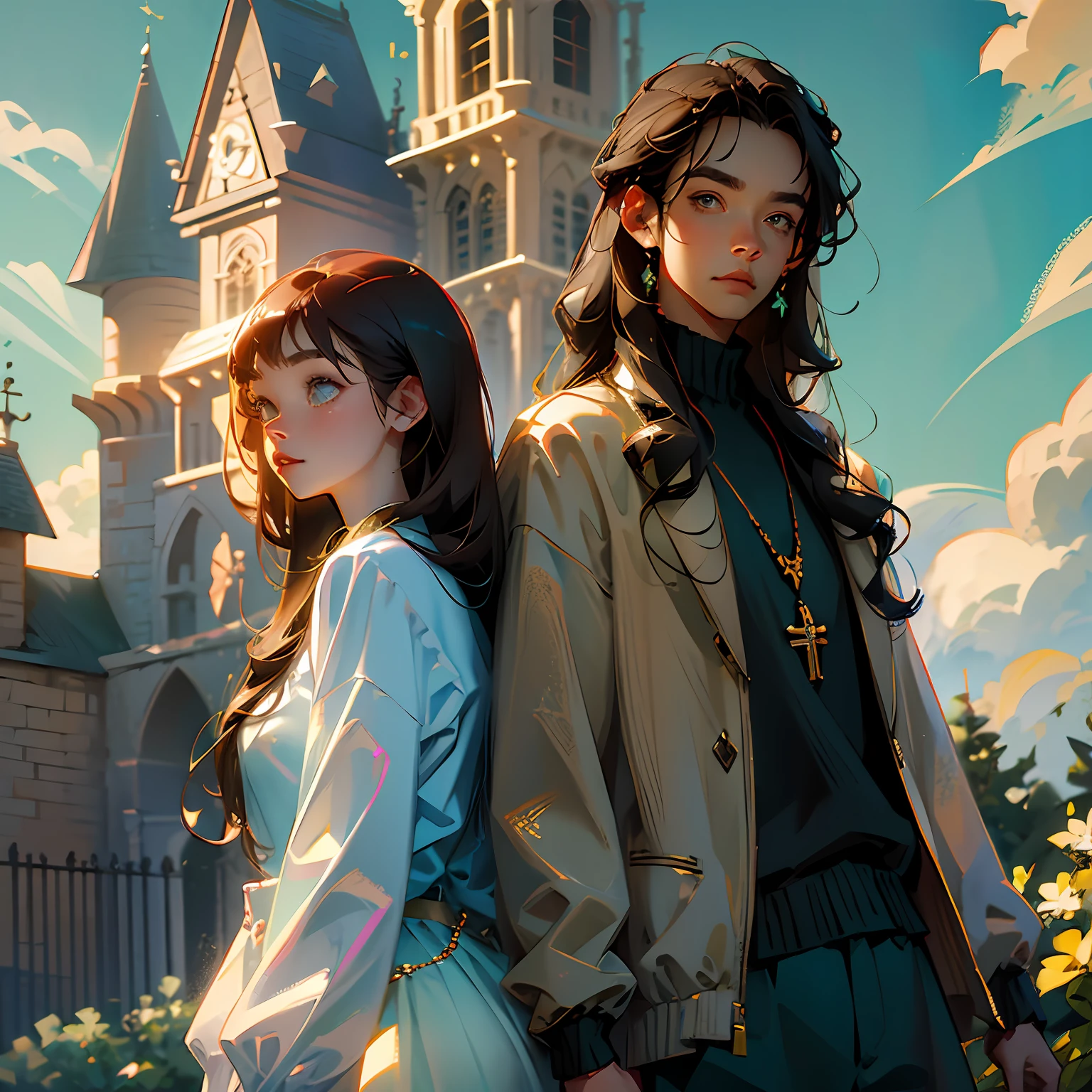 (high quality), (masterpiece), (anime), cute, romantic, best quality, 2others, couple, mature, adult, height difference, different fashion, different color, casual clothes, long sleeves, smile, happy, love, swirling wind, blue sky, man with long hair, man with light brown hair, woman with black hair, woman with long hair, woman with glasses, castle --auto --s2