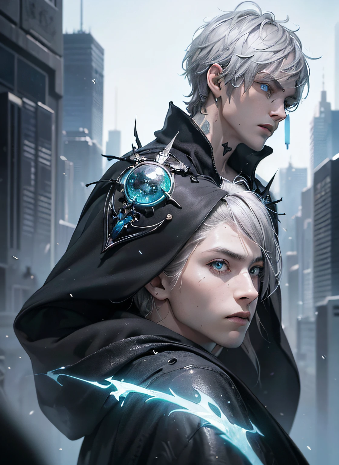 Cyberpunk male, Fantasy World, Line up in the crowd, Clean design, Epic Instagram, artstation, colorful paint splatter, Profile, hyper detailed intricate details, unreal-engine, fantasy, Intricate details, Start screen, complementary colors, Fantasy concept art, 8k resolution, A masterpiece of deviantart, Oil painting, Heavy strokes, paint dripping, (isolated on white background: 1.3), rainbow skin, (((handsome young man))), ((teenage:1.5)), (glowing blue eyes), ((Eyes have light)), ((((Short gray hair: 1.1))), ((Black)), (Prince \\ (indifferent expression), (((Wearing a high-detail luxury black robe))), A head of white hair --auto --s2