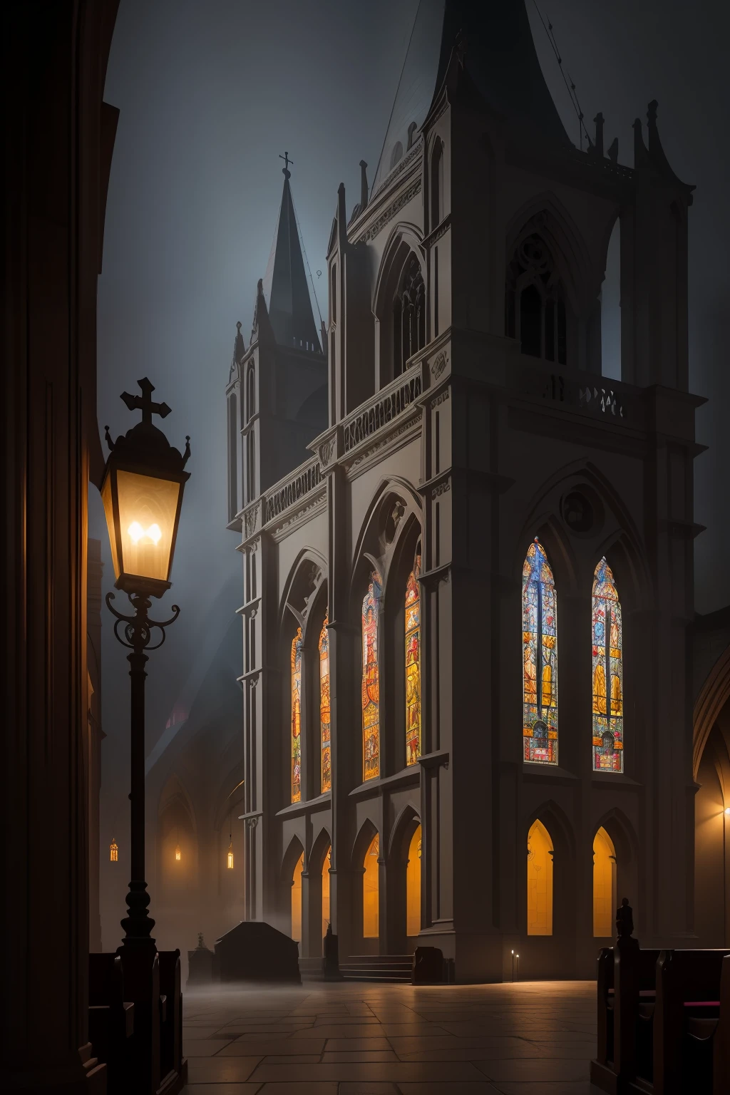 The image unfolds with a detailed description of the environment and architectural elements of the church:
The cobblestone streets, covered by a thin layer of fog, reflect the dim lighting of the lanterns that hang from the poles, casting a yellowish and melancholy light. The city seems to have been transported to a distant time, shrouded in secrets and hidden stories.
The church stands out on the gloomy horizon, with its imposing façade erected with centuries-old stones that seem to have been touched by time. The Gothic sculptures that adorn it give a sense of decadence and mystery, with their sinuous shapes and intricate details.
The colorful stained glass windows, with their vibrant and vivid tones, contrast with the surrounding darkness, casting a diffuse glow on the interior of the church. The complex patterns and sacred images depicted in the stained glass windows seem to come to life in the dim light, creating a suggestive and enigmatic play of light and shadows.
