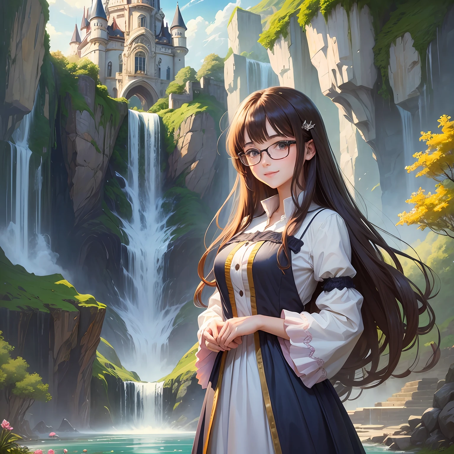 ((high quality)), ((masterpiece)), (anime), cute, romantic, best quality, 2others, couple, mature, adult, height difference, different fashion, different color, casual clothes, long sleeves, smile, happy, love, swirling wind, blue sky, long-haired man, light brown haired man, black-haired woman, long-haired woman, bespectacled woman, castle, waterfall --auto --s2