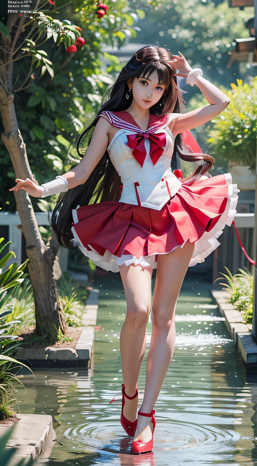 A sexy sailor suit girl shawl with long hair, red sailor suit, red high heels, sailor moon water ice mars ali, japanese temple, cosplay pictures, full body photos, photography style, cinematography, 8K RAW, sailor Moon!!!!!!!!, sailor Moon style, inspired by sailor Moon, sailor Moon, sailor Moon. Beauty, Princess, Classic Girl, Magical Girl Style, Magical Girl Portrait, Magazine Cover Photo