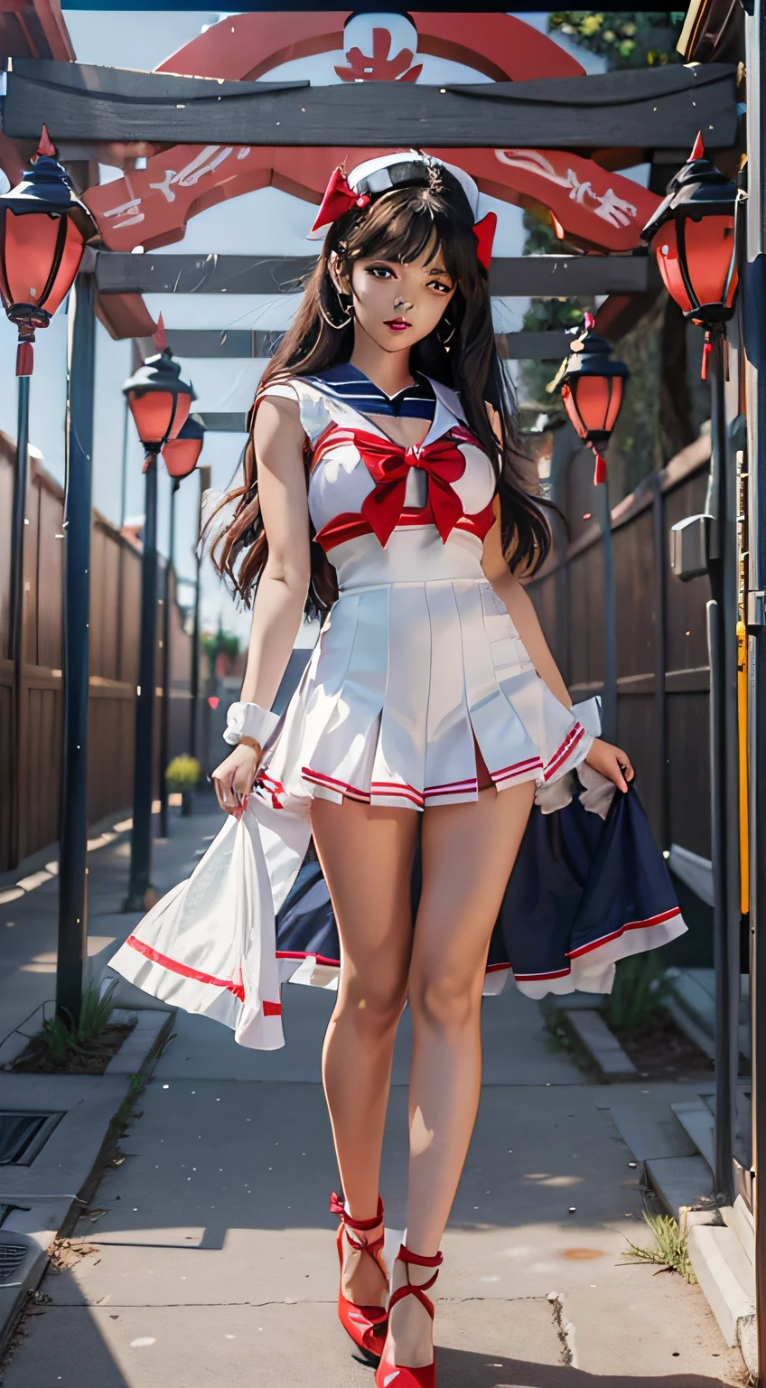 A sexy sailor suit girl shawl with long hair, red sailor suit, red high heels, sailor moon water ice mars ali, japanese temple, cosplay pictures, full body photos, photography style, cinematography, 8K RAW, sailor Moon!!!!!!!!, sailor Moon style, inspired by sailor Moon, sailor Moon, sailor Moon. Beauty, Princess, Classic Girl, Magical Girl Style, Magical Girl Portrait, Magazine Cover Photo