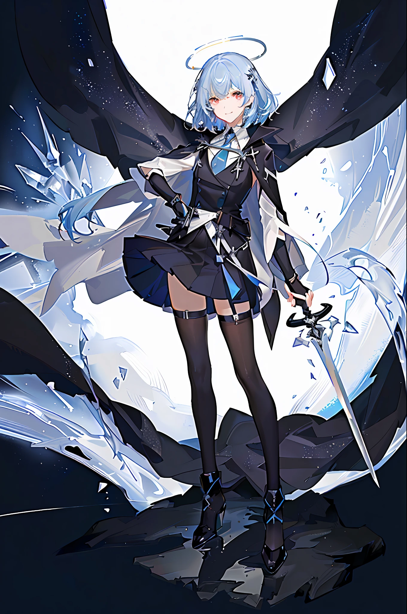 child, (small: 1.5), (highest quality), (master work), (super detailed), (detailed eye description: 1.2), (floating color wind: 1.4), (upper body: 1.5), (manny color cloud thorn: 1.0), (sea of clouds: 1.4), (lens flare: 1.3), ((smile, shut up)), (poster: 1.0), (tarot realm: 1.2), women's clothing, (red armor: 1.3), (eyelashes), ((formal, military uniform)), (skirt :1.4),(Colorful streamers: 1.3), (Crystal magic: 1.3), (Thigh straps), (Brunet: 1.5), (Short hair: 1.6), Portrait Center, (Bottom: 1.1), (Close-up: 1.2), (Chaotic Geometry: 1.3), (Negative Space: 0.8), Negative Space, (Drawing Chessboard: 1.3), (Halo: 1.3), (Etheric Ink Flow: 1.3), (Red Eye: 1.5), ((Reflection, (Neon: 1.5))), (( Colorful, Colorful)), , (forehead:1.34), Sky, Shiny, ((solo)), , (long coat:1.2), (black cape:1.4), ((asymmetrical hair)), ((ice blue crystal sword))