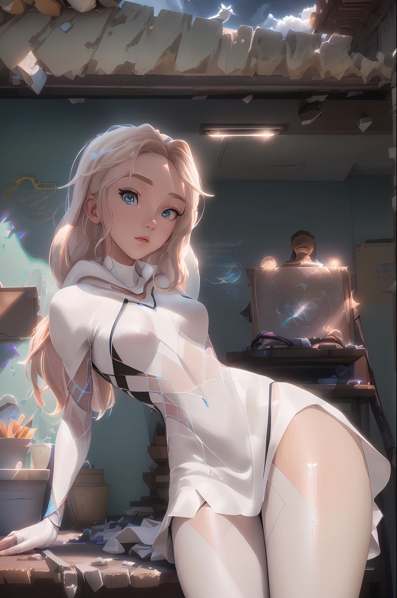 Girl lying on the clouds, ((clouds)(, (birds: 1.4), (thick clouds: 1.4), (with perfect proportions: 1.4), (long blonde hair: 1.4).  ), Greeneyes, HDR (High Dynamic Range), Ray tracing, NVIDIA RTX, Ultra HD, Unreal 5, Subsurface Dispersion, PBR texture, Post-processing, Anisotropic filtering, Depth of field, Maximum sharpness and sharpness, Multi -  Layered texture, albedo and mirror mapping, surface shaders, accurate simulation of light-material interaction, octane rendering, dichroic lighting, low ISO, white balance, rule of thirds, wide aperture, 8K RAW, sub-pixel efficiency, sub-pixel wrap  , (Luminance Particles: 1.4), {{Masterpiece, Best Quality, Highly Detailed CG, Unity 8k wallpaper, 3D, Cinematic Lighting, Lens Flare}},