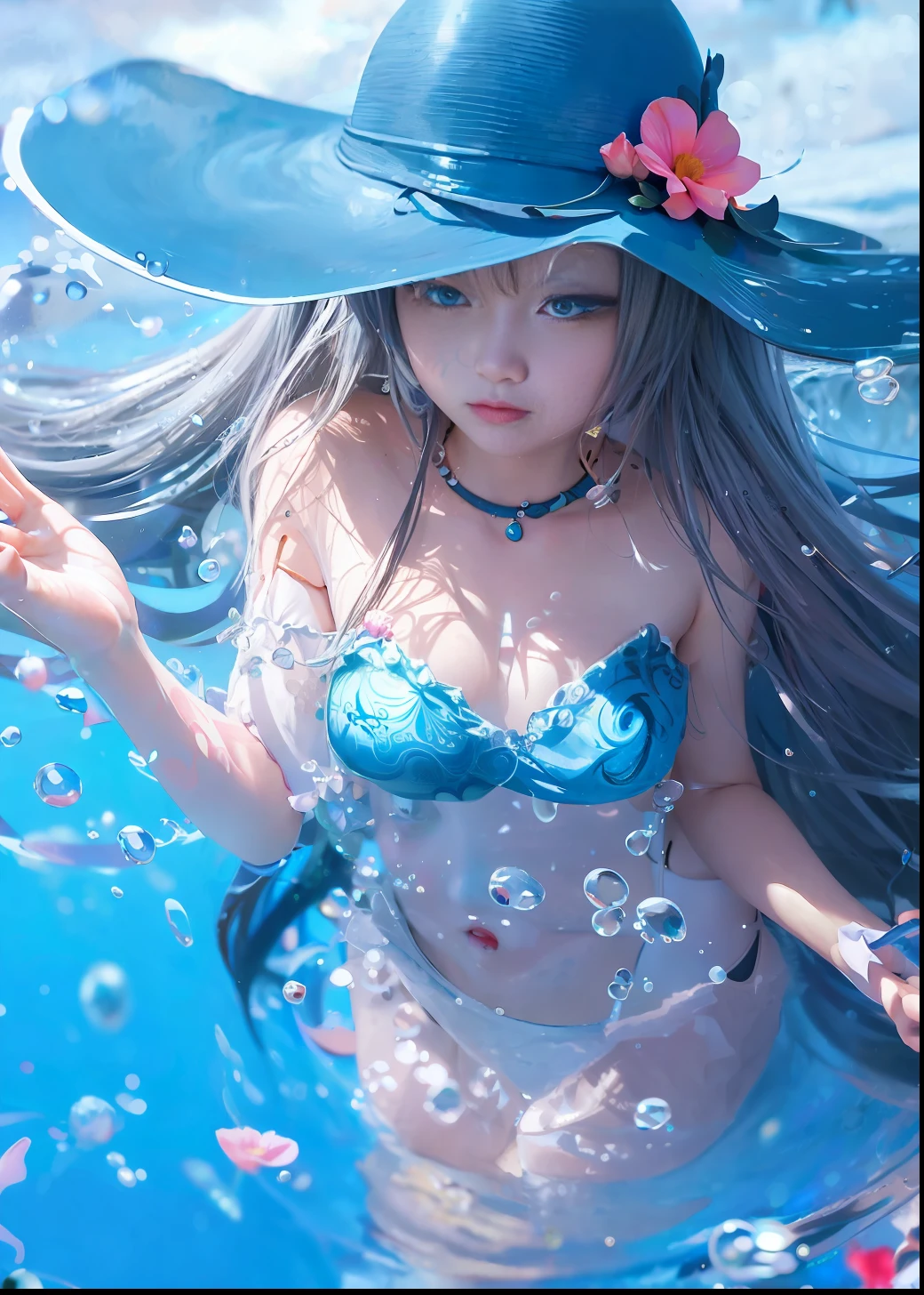 Anime girl with blue eyes and hat in water, bubbles, beautiful digital illustration, beautiful artwork illustration, beautiful digital artwork, channel, by Yuumei, beautiful digital illustration, stunning digital illustration, wallpaper anime blue water, inspired by Yuumei, Guvez 🌺 style artwork, CGSOCIETY, channel A, fantasy psychedelic anime, beautiful artwork