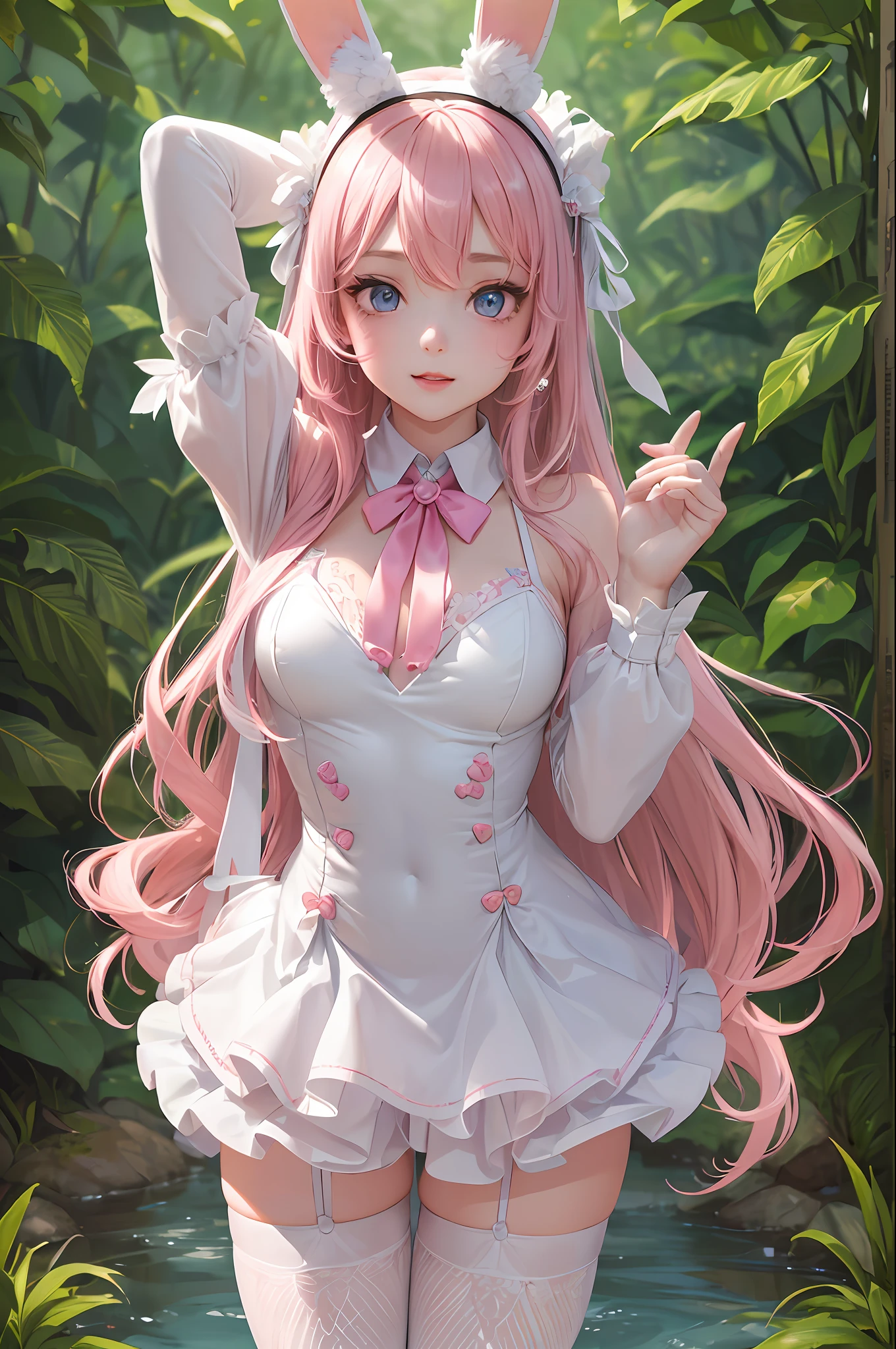 (masterpiece, best quality, 1girl, full body, nature, reeds, bloom, light smile, long hair, pink hair, blue eyes, pov: 1.8), (30 years old: 1.8), (super detailed eyes: 2) (white leotard, fake bunny ear headband, bunny tail, white elbow to hand latex gloves, white fishnet thighhighs: 2) (sfw:1.2) (blush: 1.2) (perfect face:1.5) (family friendly: 1.5) (heart shaped pupils: 2) (hourglass body: 1) (2 hands: 1) (easter eggs: 1.3) (5 fingers: 1) (super high quality: 1.5), 1 thumb,4fingers,