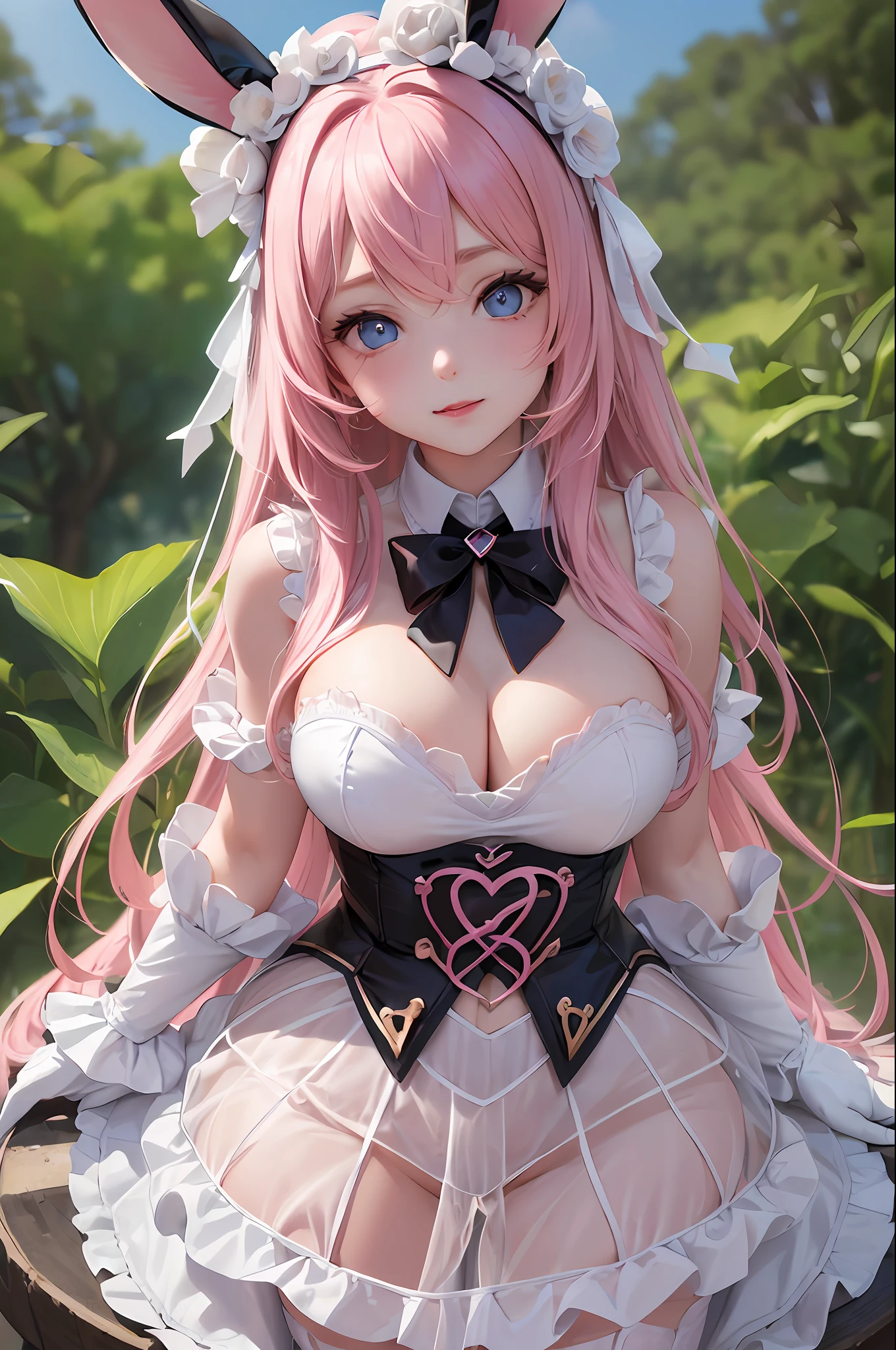 (masterpiece, best quality, 1girl, full body, nature, reeds, bloom, light smile, long hair, pink hair, blue eyes, pov: 1.8), (30 years old: 1.8), (super detailed eyes: 2) (white leotard, fake bunny ear headband, bunny tail, white elbow to hand latex gloves, white fishnet thighhighs: 2) (sfw:1.2) (blush: 1.2) (perfect face:1.5) (family friendly: 1.5) (heart shaped pupils: 2) (hourglass body: 1) (2 hands: 1) (easter eggs: 1.3) (5 fingers: 1) (super high quality: 1.5), 1 thumb,4fingers,