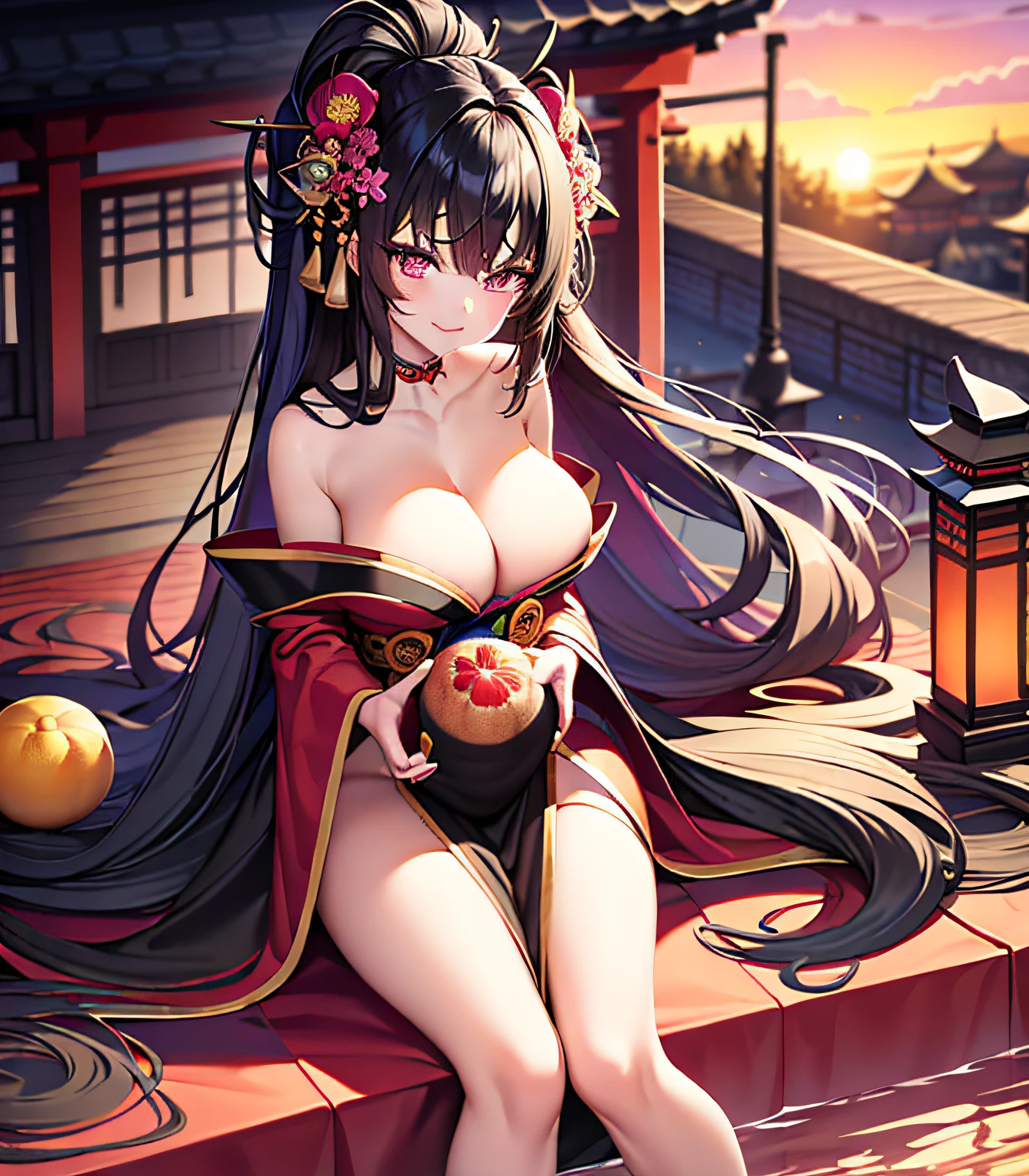 Masterpiece, superb, detailed, 1girl, pink eyes, long hair, black hair, (grapefruit in front), (temple in back), sitting, red kimono, medium breasts, topless, light smile, behind hands, water , sunset, hair accessories,