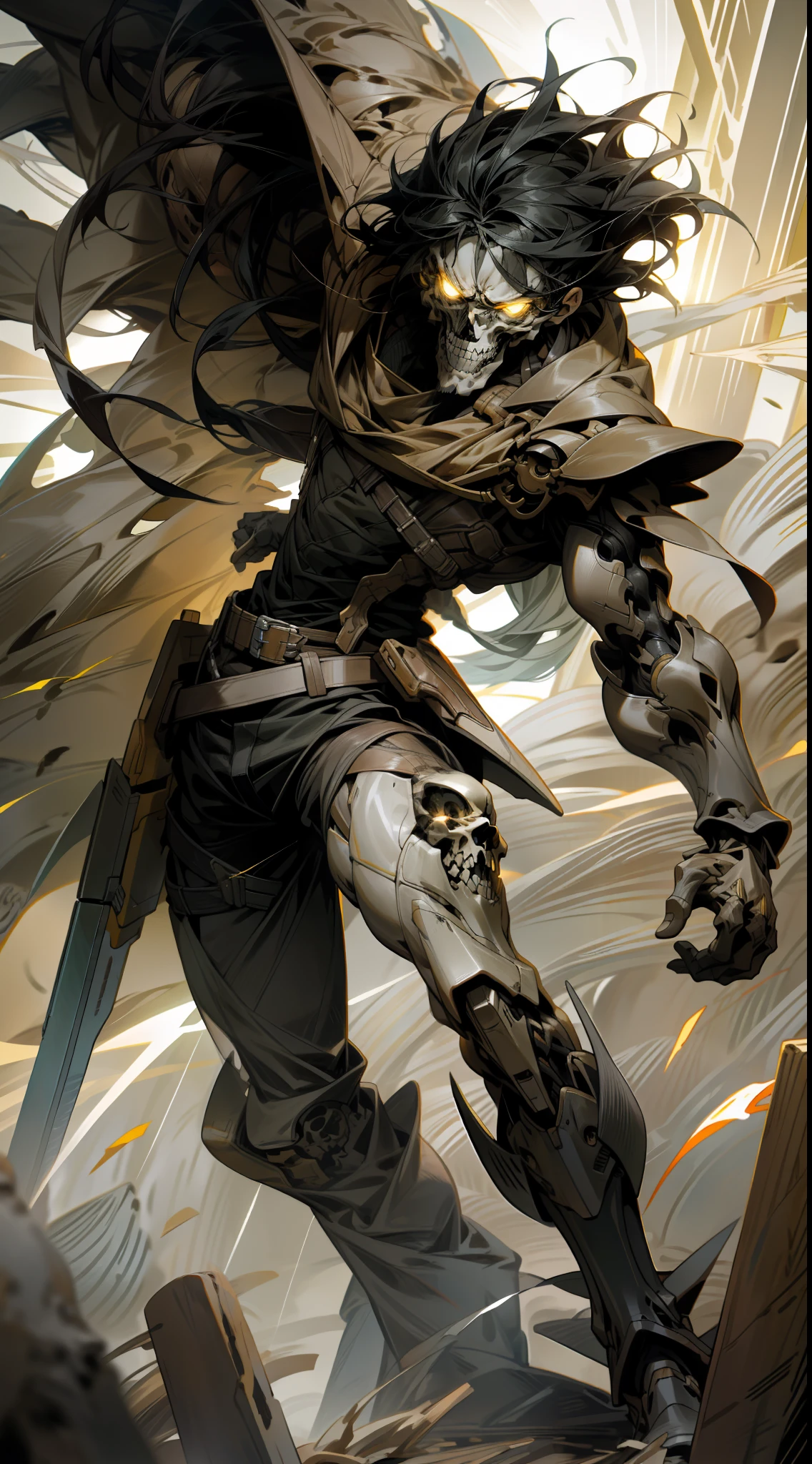 Eren Yeager Titan attack by attack on Titan, yellow eyes light rays, spark, long straight Black hair, skull thin, Lack of skin or flesh in some area, Full body
