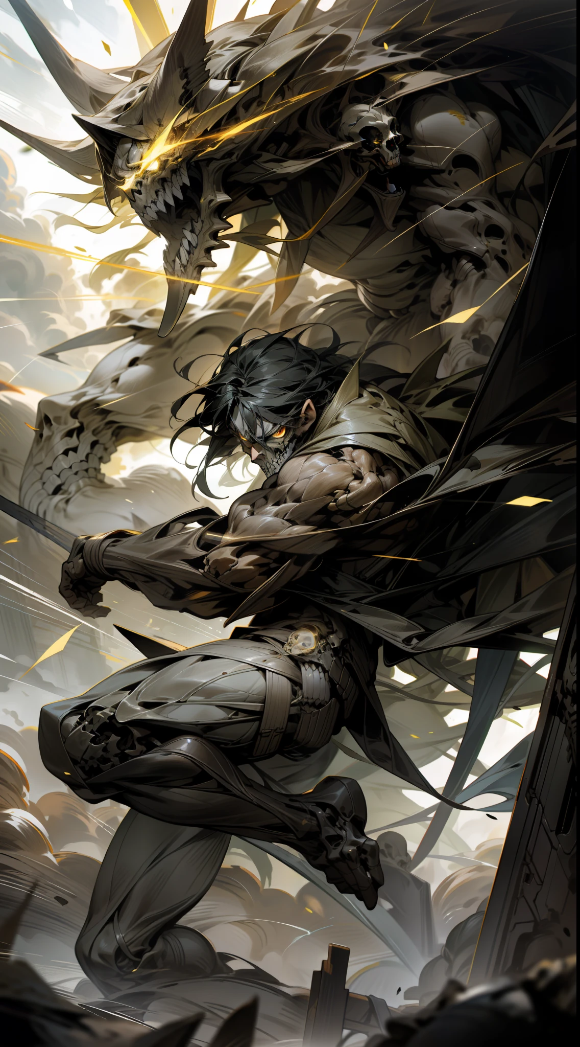 Eren Yeager Titan attack by attack on Titan, yellow eyes light rays, spark, long straight Black hair, skull thin, Lack of skin or flesh in some area, Full body