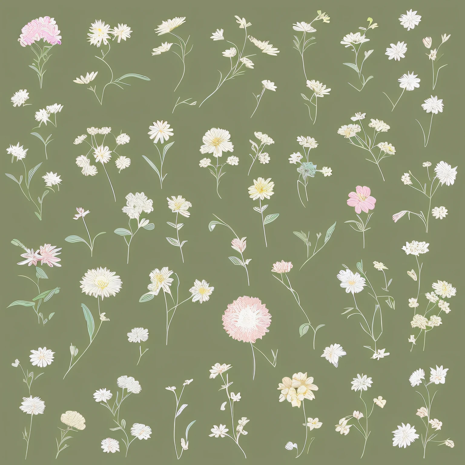 Small flower design, botanical style, label style, flat style, vector style, drawing style, naïve style, in very soft pastel colors such as pink, pastel purple, pastel green, pastel blue, light blue, beige, light pastel yellow.