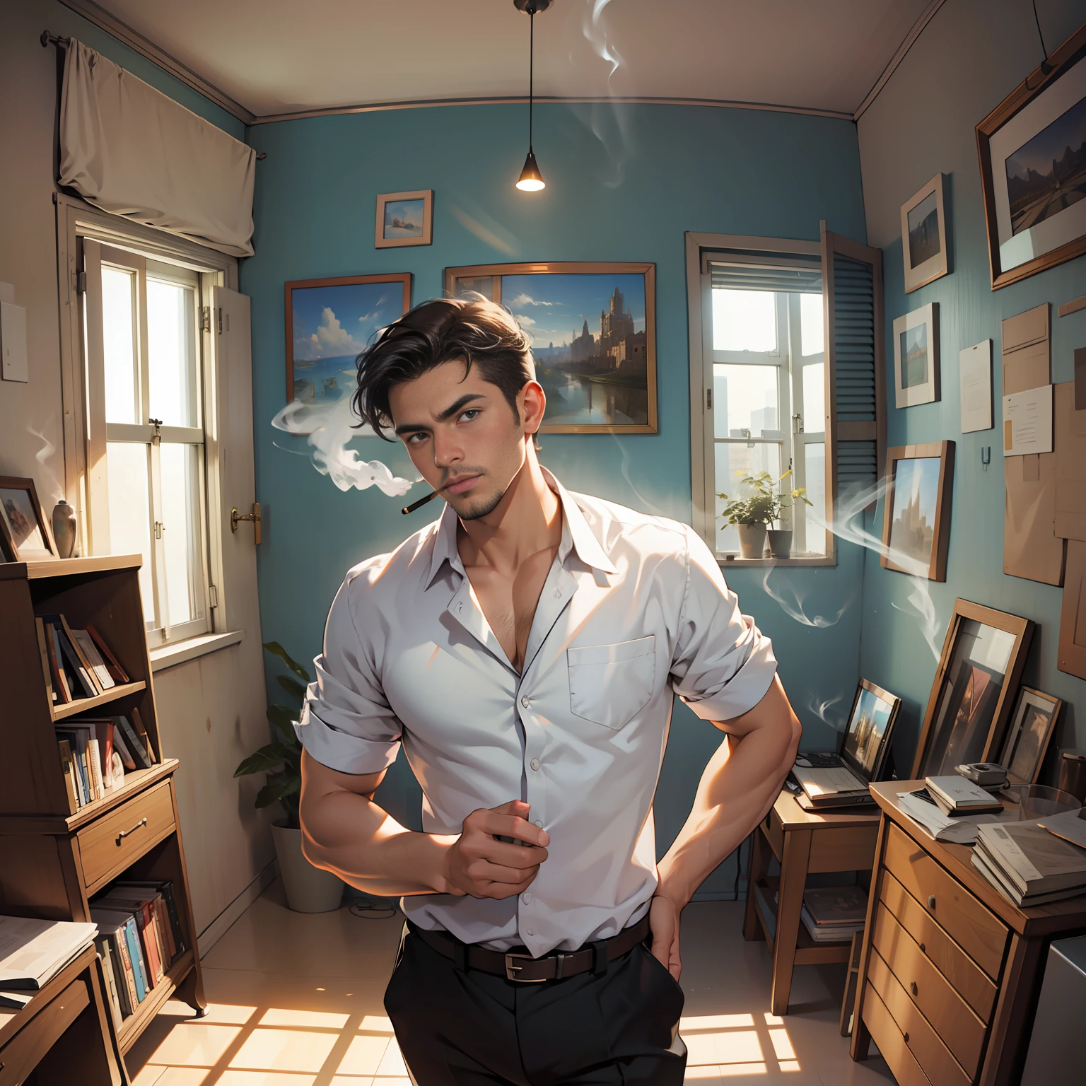 Ultra-wide angle, tele lens, best quality, masterpiece, ultra-high resolution, (photo fidelity: 1.5), surrealism, a thirty-year-old man smoking in a room,