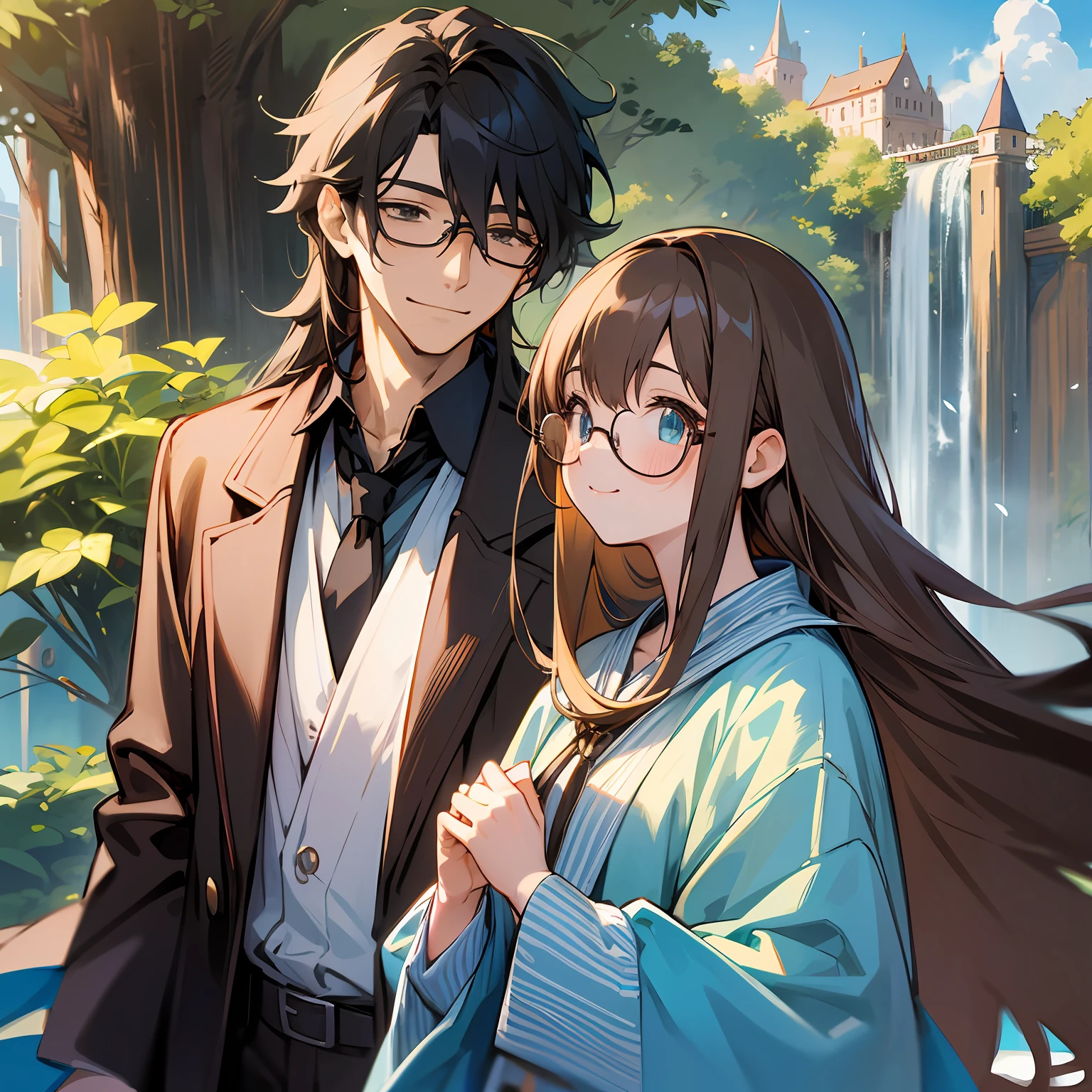 masterpiece, (anime), cute, romantic, best quality, 2others, couple, mature, adult, height difference, different fashion, different color, casual clothes, long sleeves, smile, happy, love, swirling wind, blue sky, long haired man, light brown haired man, black haired woman, long haired woman, bespectacled woman, castle, waterfall --auto --s2