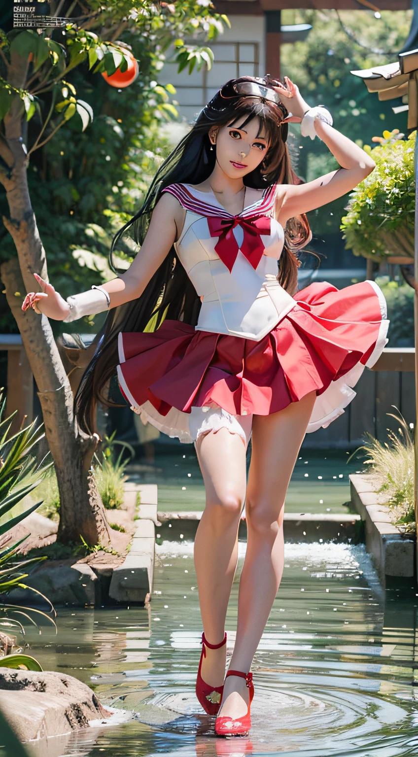 A sexy sailor suit girl shawl with long hair, red sailor suit, red high heels, sailor moon water ice mars ali, japanese temple, cosplay pictures, full body photos, photography style, cinematography, 8K RAW, sailor Moon!!!!!!!!, sailor Moon style, inspired by sailor Moon, sailor Moon, sailor Moon. Beauty, Princess, Classic Girl, Magical Girl Style, Magical Girl Portrait, Magazine Cover Photo