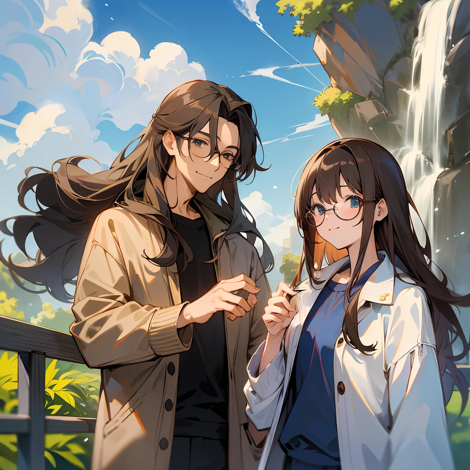 masterpiece, (anime), cute, romantic, best quality, 2others, couple, mature, adult, height difference, different fashion, different color, casual clothes, long sleeves, smile, happy, love, swirling wind, blue sky, long-haired man, light brown haired man, black-haired woman, long-haired woman, bespectacled woman, waterfall --auto --s2