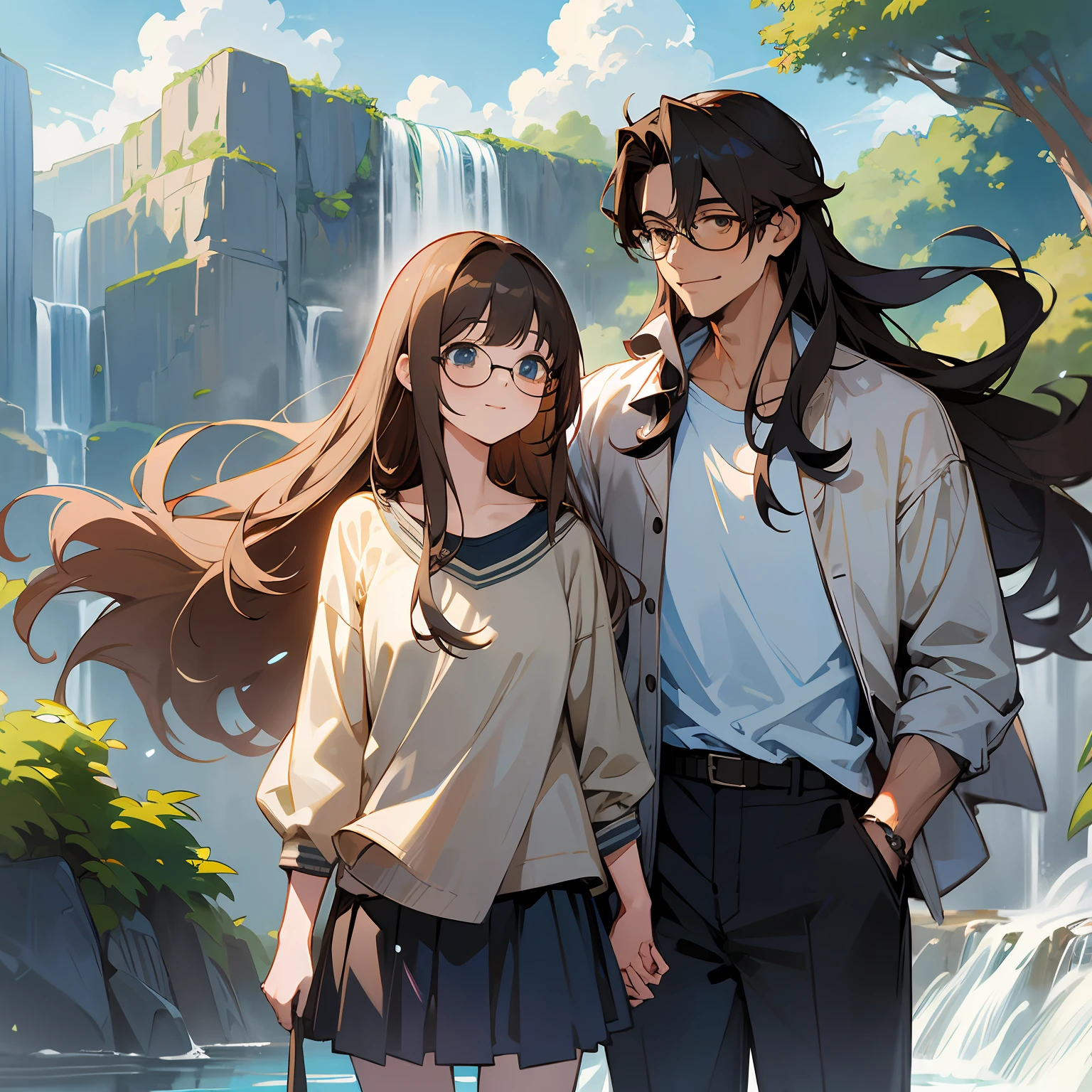 masterpiece, (anime), cute, romantic, best quality, 2others, couple, mature, adult, height difference, different fashion, different color, casual clothes, long sleeves, smile, happy, love, swirling wind, blue sky, long-haired man, light brown haired man, black-haired woman, long-haired woman, bespectacled woman, waterfall --auto --s2