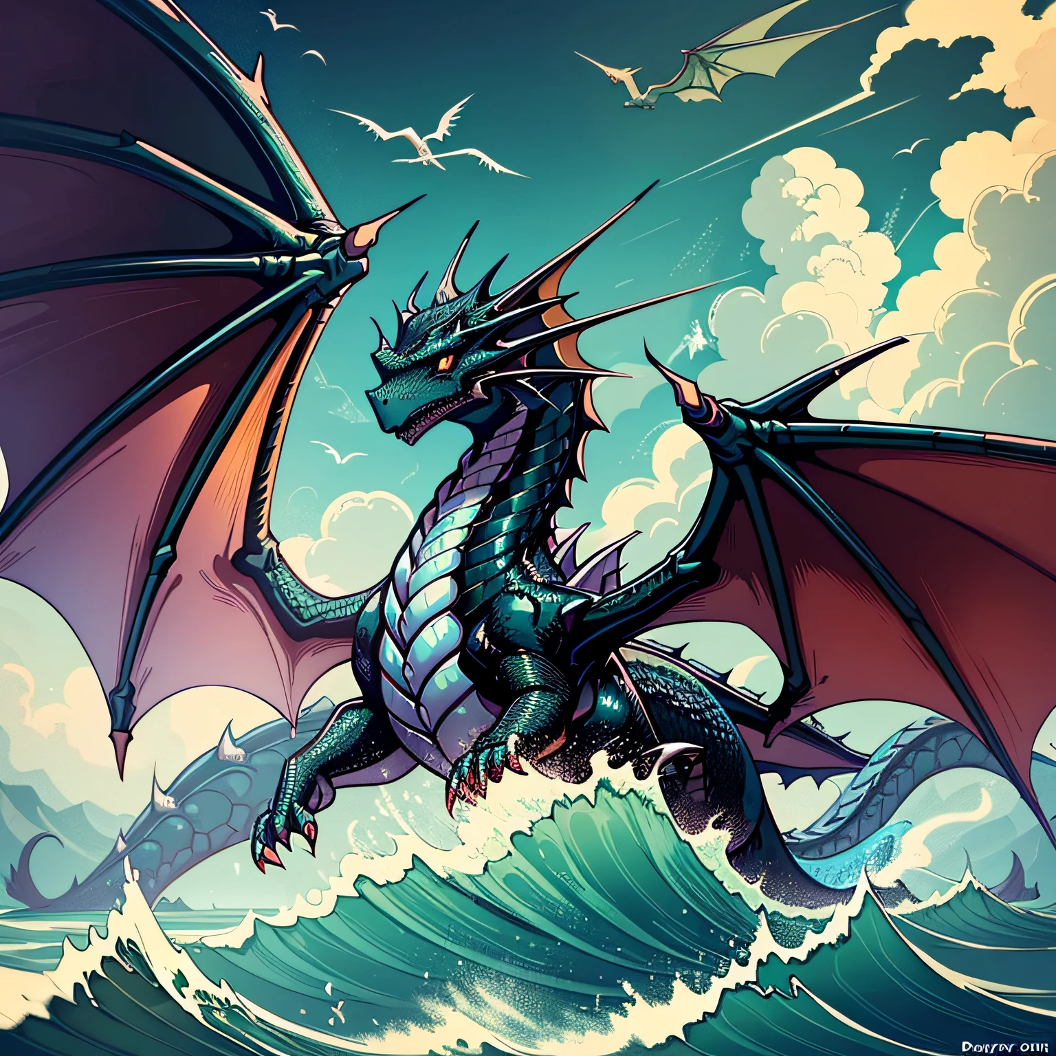 a black dragon flying through the ocean with its wings spread, dragon flying in ocean, dragon flying in the ocean, dragon flying, giant dragon flying in the ocean, dark dragon, dragon in the ocean, flying mythical beasts, flying dragon, a dragon made of flames, dragons flying in the ocean, epic dragon, legendary dragon, wyvern, dragon flying in the background