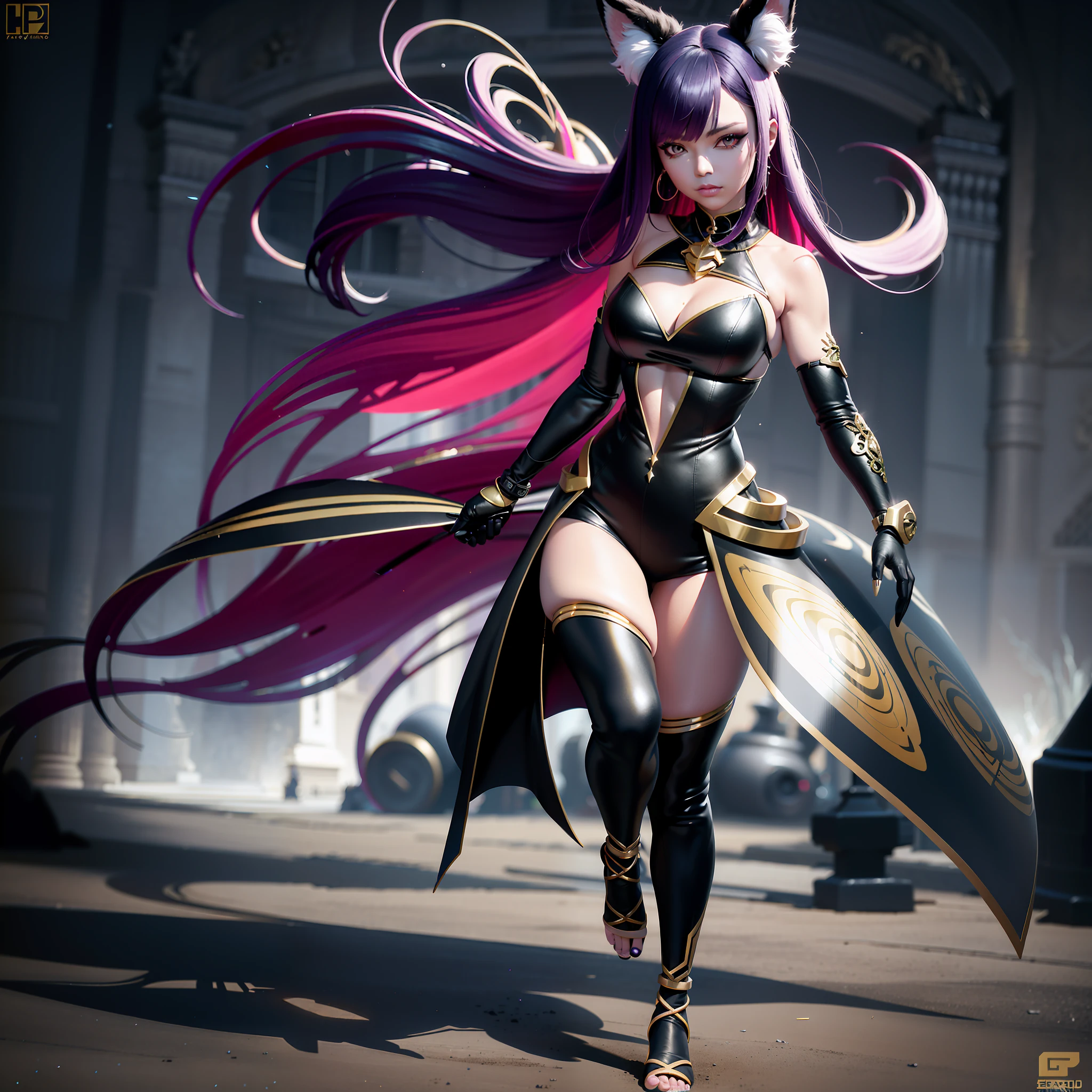 Arafed woman in a black and gold costume with purple hair, Seraphine, Ahri Kda, Wlop and Artgerm, Artgerm; Unreal 3D engine, fantasy art style, hyper-detailed fantasy character, 8k high quality detailed art, IG model | Artgenius, 2. 5 d cgi anime fantasy art, BG: castle, looking camera facing the viewer, standing, running pose, showing his fox tail black color, wide zoom, photography catching the whole environment