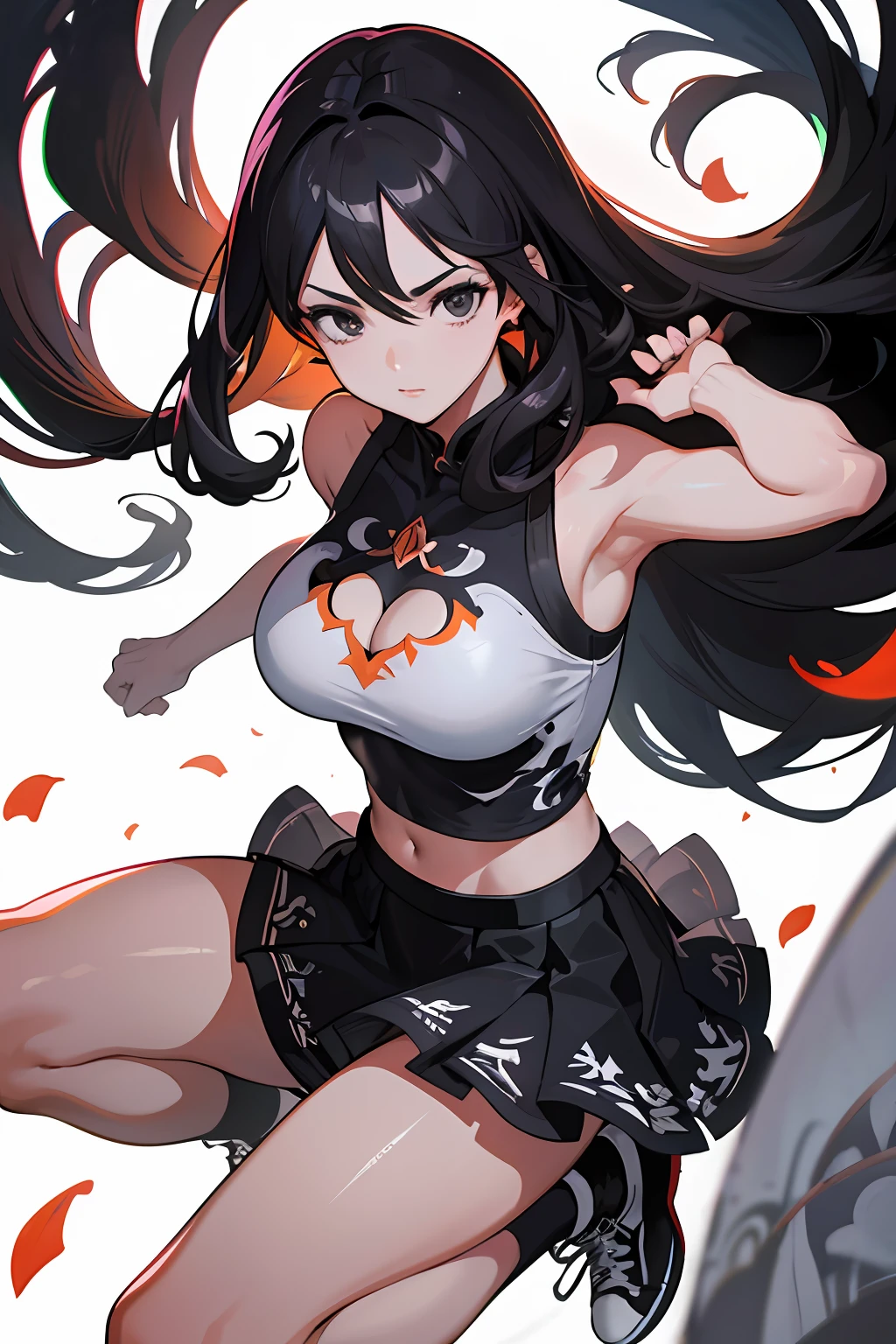 :: Joe Madureira Style:: Perfect and detailed beautiful woman and beautiful, perfect and detailed, ultra detailed anime style, clothes with tatoon drawings, in various full-body attack poses and with immersive effects, hover effect, graphite style background with vibrant colors "Ultra HDR" detailed and with focus effect,with All Star Converse Fixed Black Sneakers (masterpiece:  1.2, best quality), (finely detailed beautiful eyes: 1.2),extremely detailed, depth of field,shot with canon eos,lens 135mm f1.8,portrait of [x]((girl kelly brook beautiful woman )),long hair, straight and black,with a natural glow,(anime black eyes:1.4), (finely detailed eyes and detailed face:1.3),), (with ultra detailed black school skirt and fixed shape and color,  white t-shirt with tatoom print with fixed format Mandarin letters,ultra detailed:1.3), (beautiful and clear background:1.2), ultra-detailed, Best Shadow:1.1),("" character demonstrating his super power in the fist"")((depth of field and blur)), ((watercolor)), large breasts, bare shoulders, flowers and petals, bbela conceptual illustration , (white background:0.5), (illustration :1.1), (extremely thin and beautiful:  1.1), (perfect details: 1.1) graffiti style background, freedom, soul, digital illustration, perfect anatomy, centered, approaching perfection, dynamic, highly detailed, watercolor painting, artstation, concept art, smooth, sharp focus, illustration,