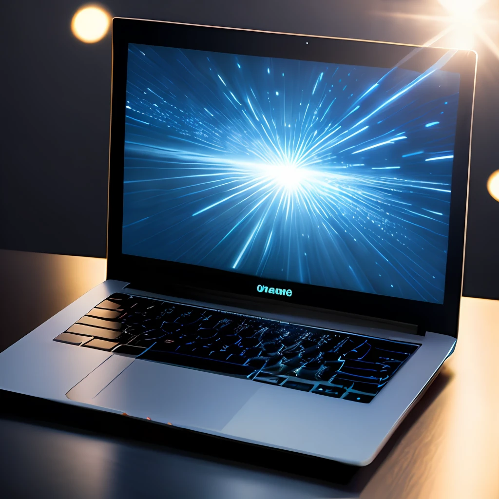 product photography of a laptop, epic rendering, octane, atmosphere, particles, soft volumetric lights, (backlit: 1.3), (kinematics: 1.3), intricate details, (ArtStation: 1.3)