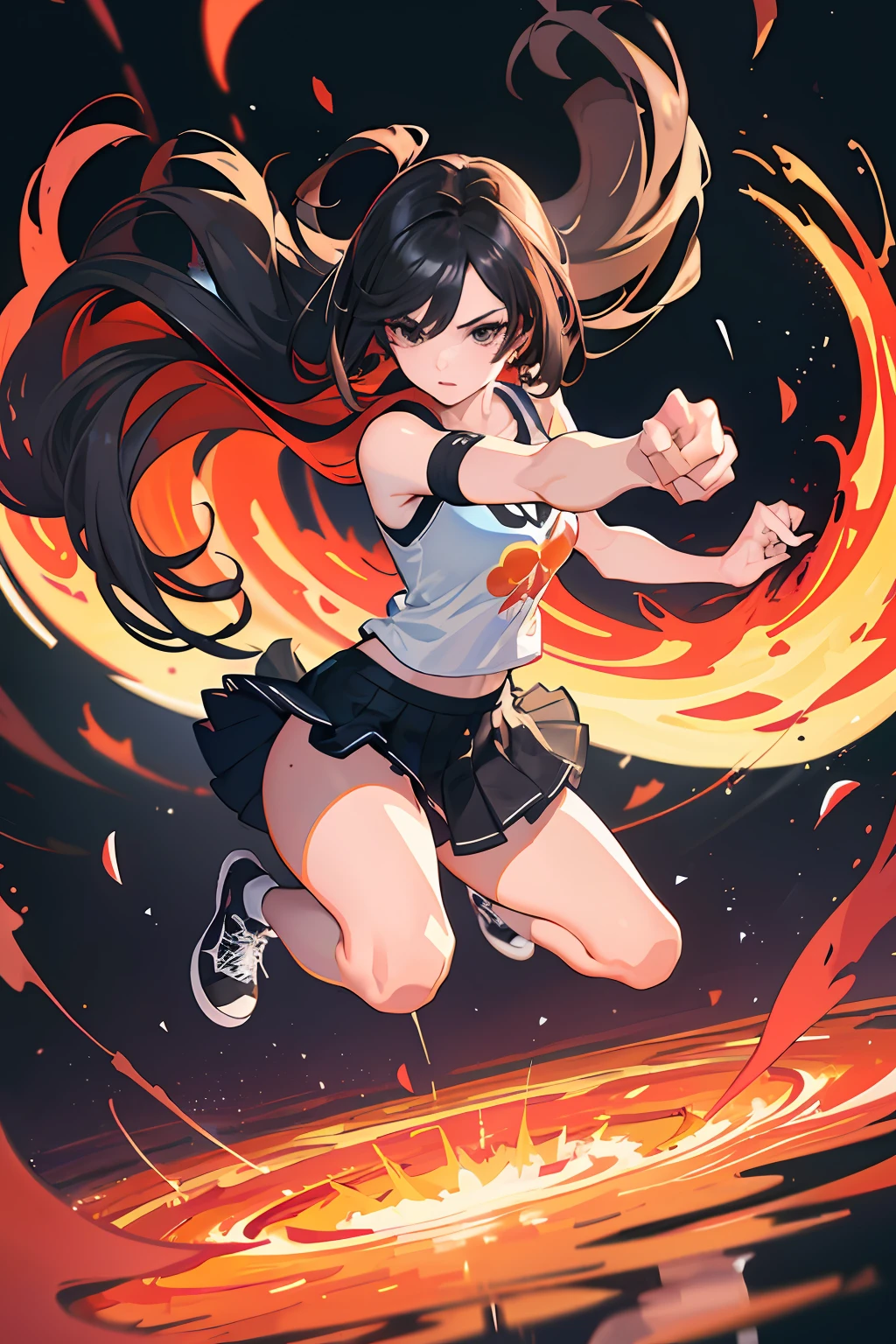 :: Joe Madureira Style:: Perfect and detailed beautiful woman and beautiful, perfect and detailed, ultra detailed anime style, clothes with tatoon drawings, in various full-body attack poses and with immersive effects, hover effect, graphite style background with vibrant colors "Ultra HDR" detailed and with focus effect,with All Star Converse Fixed Black Sneakers (masterpiece:  1.2, best quality), (finely detailed beautiful eyes: 1.2),extremely detailed, depth of field,shot with canon eos,lens 135mm f1.8,portrait of [x]((girl kelly brook beautiful woman )),long hair, straight and black,with a natural glow,(anime black eyes:1.4), (finely detailed eyes and detailed face:1.3),), (with ultra detailed black school skirt and fixed shape and color,  white t-shirt with tatoom print with fixed format Mandarin letters,ultra detailed:1.3), (beautiful and clear background:1.2), ultra-detailed, Best Shadow:1.1),("" character demonstrating his super power in the fist"")((depth of field and blur)), ((watercolor)), large breasts, bare shoulders, flowers and petals, bbela conceptual illustration , (white background:0.5), (illustration :1.1), (extremely thin and beautiful:  1.1), (perfect details: 1.1) graffiti style background, freedom, soul, digital illustration, perfect anatomy, centered, approaching perfection, dynamic, highly detailed, watercolor painting, artstation, concept art, smooth, sharp focus, illustration,