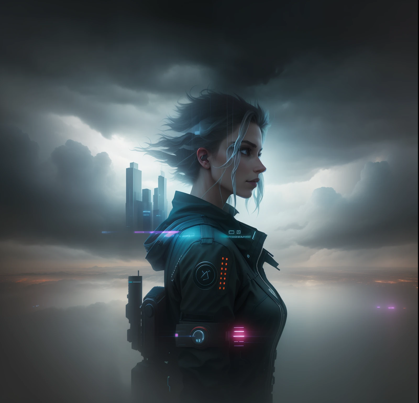 cyberpunk [foggy cityscape in the distance : very pretty girl, city:0.33] immersed in a giant flow of wind, living in a thunder cloud, behind the cloud, (double exposure:1.3), photo by Brandon Woelfelmist, surreal dream, gray atmosphere, rainy day, dynamic, lut, hdr