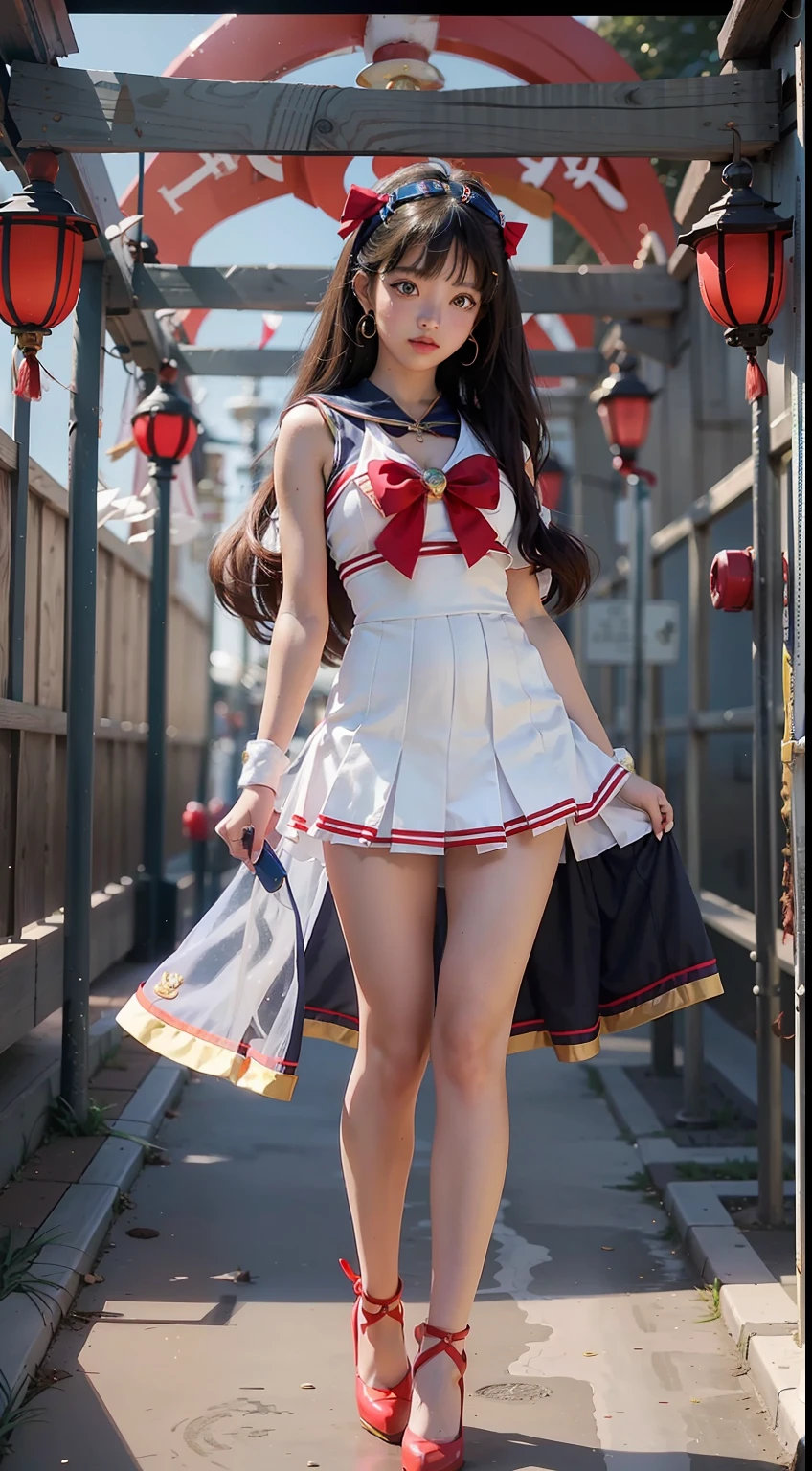 A sailor suit girl shawl with long hair, red sailor suit, red high heels, sailor moon water ice mars ali, japanese temple, cosplay pictures, full body photos, photography style, cinematography, 8K RAW, Sailor Moon!!!!!!!!, Sailor Moon style, inspired by Sailor Moon, Sailor Moon, Sailor Moon. Beauty, Princess, Classic Girl, Magical Girl Style, Magical Girl Portrait, Magazine Cover Photo