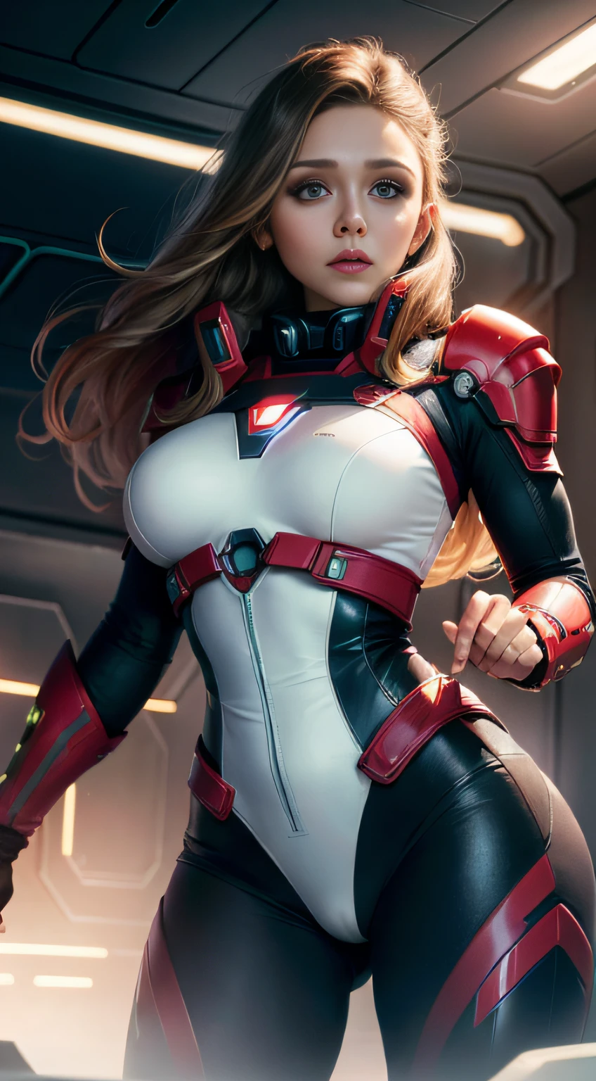 Elizabeth Olsen as the captain of the spaceship, Future City, (inspired by Mass Effect), Iron Man suit, safety rating, breast enlargement, fat buttocks, leather pants wrapped around hips (8k, foto RAW, fotorrealista: 1, 25), (muito brilho labial, muitos cílios, melhor qualidade, ultra alta resolução, Profundidade de Campo, Aberração Cromática, Luz Ampla, Cor Natural, distant images (1:2)