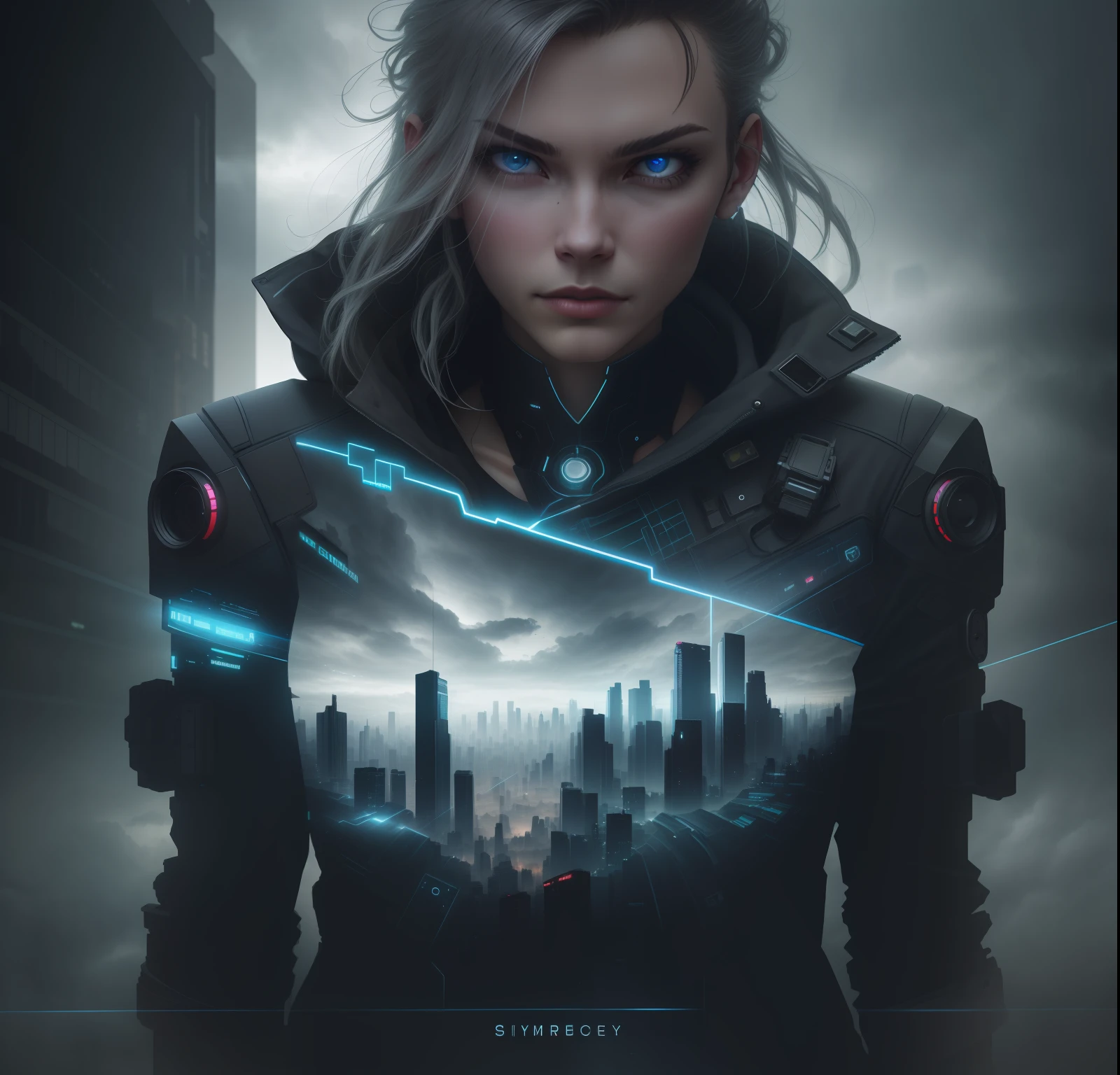 cyberpunk [foggy cityscape in the distance : very pretty girl, city:0.33] immersed in a giant flow of wind, living in a thunder cloud, behind the cloud, (double exposure:1.3), photo by Brandon Woelfelmist, surreal dream, gray atmosphere, rainy day, dynamic, lut, hdr