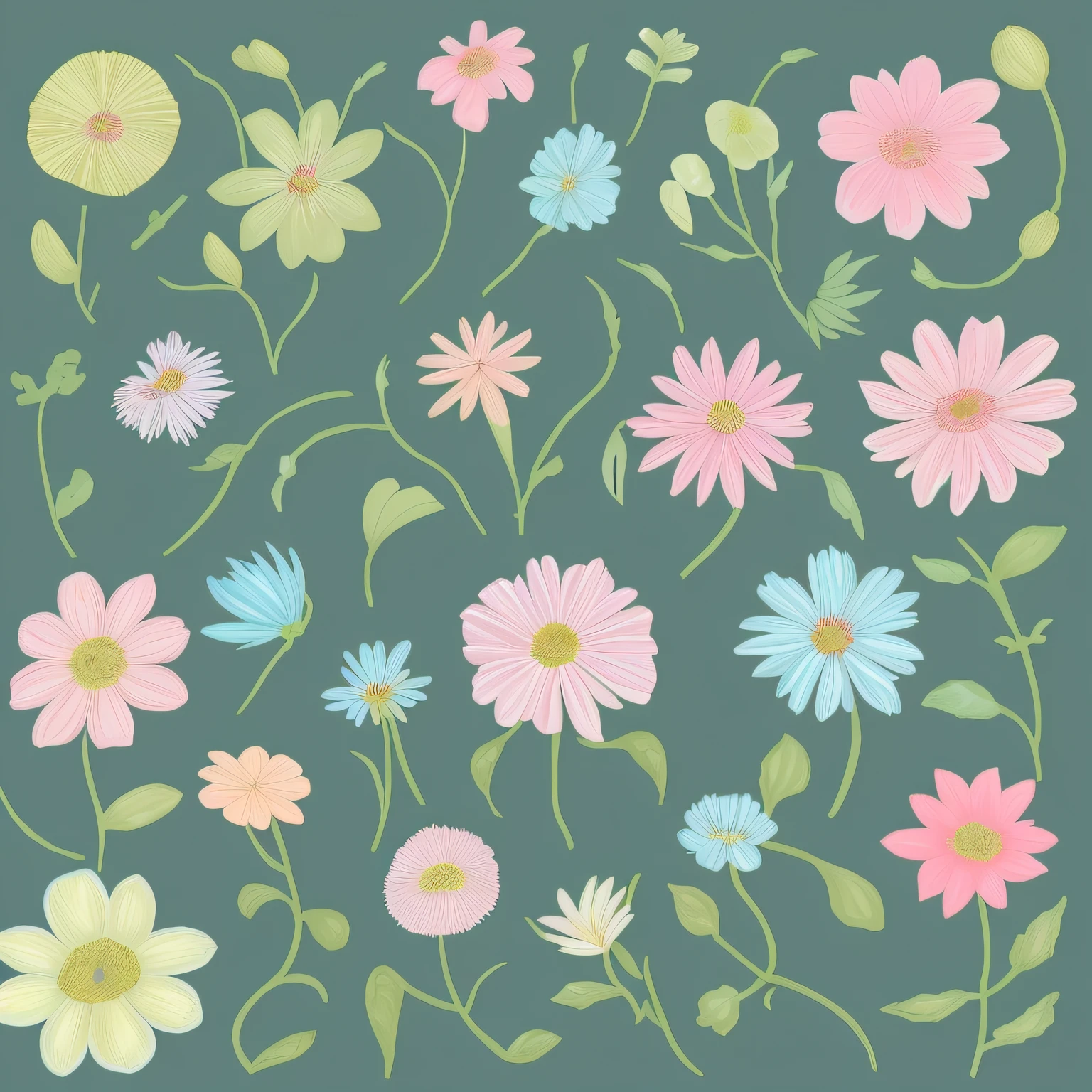 Small flower design, botanical style, label style, flat style, vector style, drawing style, naïve style, in very soft pastel colors such as light blue, pink, pastel purple, pastel green, pastel blue, blue, emerald, pastel blue, light blue, beige, light pastel yellow.