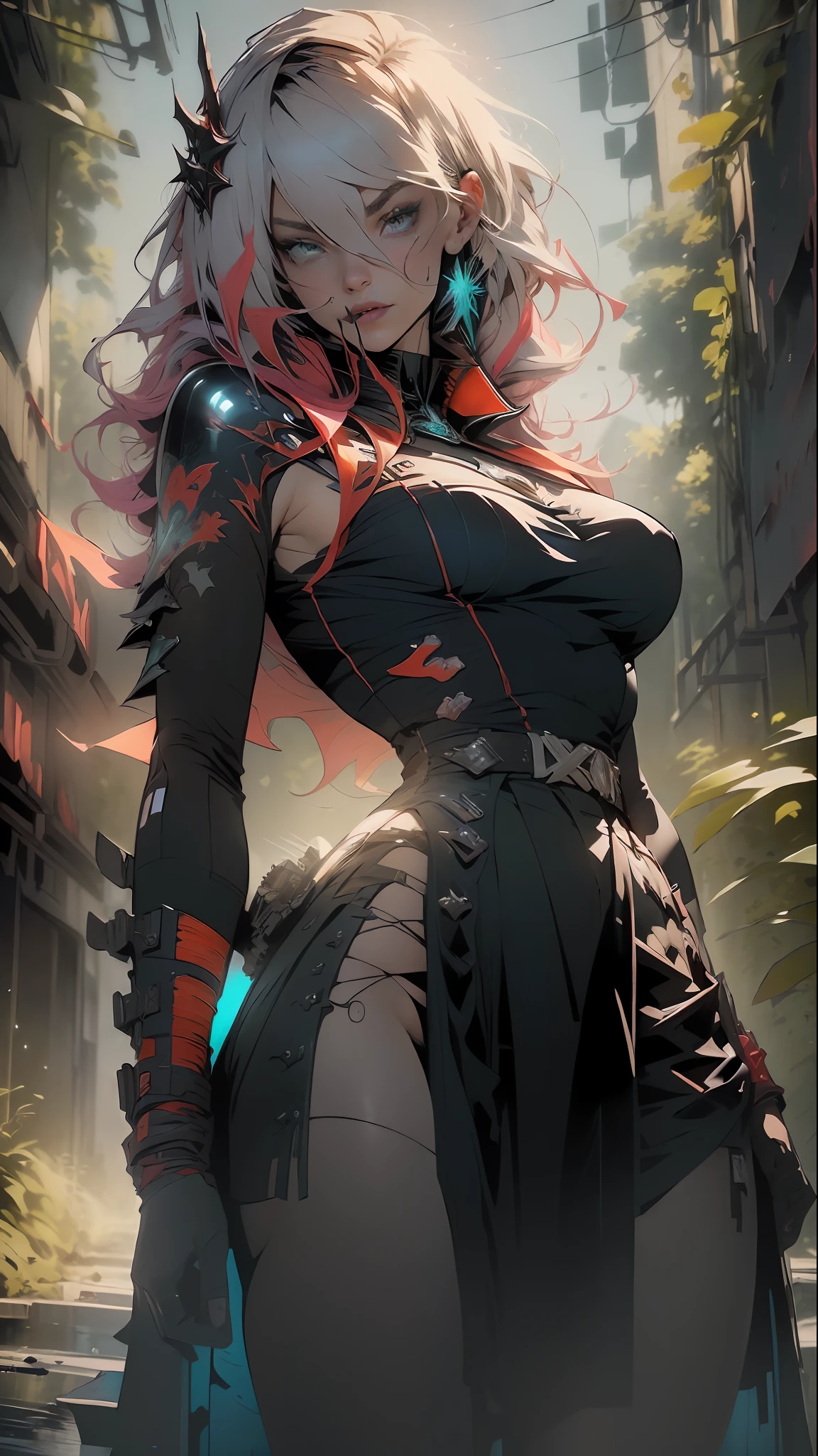 (original), (very detailed wallpaper), very detailed illustrations, Absurd, high definition, high resolution, (1 girl), (Margot Robbie), beautiful eyes, (delicate face), perfect details, very young girl of defined body thick thighs parts of the covered by torn gothic clothing showing the underside of the breasts, (((large breasts)), full body, perfect, inverted neckline, green mohawk hair with red and white locks, tiny underwear, wide garter belt, by mucha, niji, close to real, best quality, almost naked, closed mouth, action pose, Tank Girl, Vampirella, tech city background, orange and dark blue outfit, shark mouth drawn on top of clothing, Chinese demon tattoos on arms, stylish energy \(module\), repairing, (better lighting), (super-complex detail), 4K Unity, (super-detailed CG: 1.2), (8K: 1.2), realistic, HDR (High Dynamic Range),Ray Tracing, NVIDIA RTX,Super-Resolution,Unreal 5, Subsurface dispersion, PBR texture, Post-processing, Anisotropic filtering, Depth of field, Maximum clarity and sharpness, Multilayer textures, Albedo and specular maps, Surface shading, Accurate simulation of light-material interaction, Perfect proportions, Octane Render, Two-tone lighting, Wide aperture, Low ISO, White balance, Rule of thirds, 8K RAW, crysisnanosuit