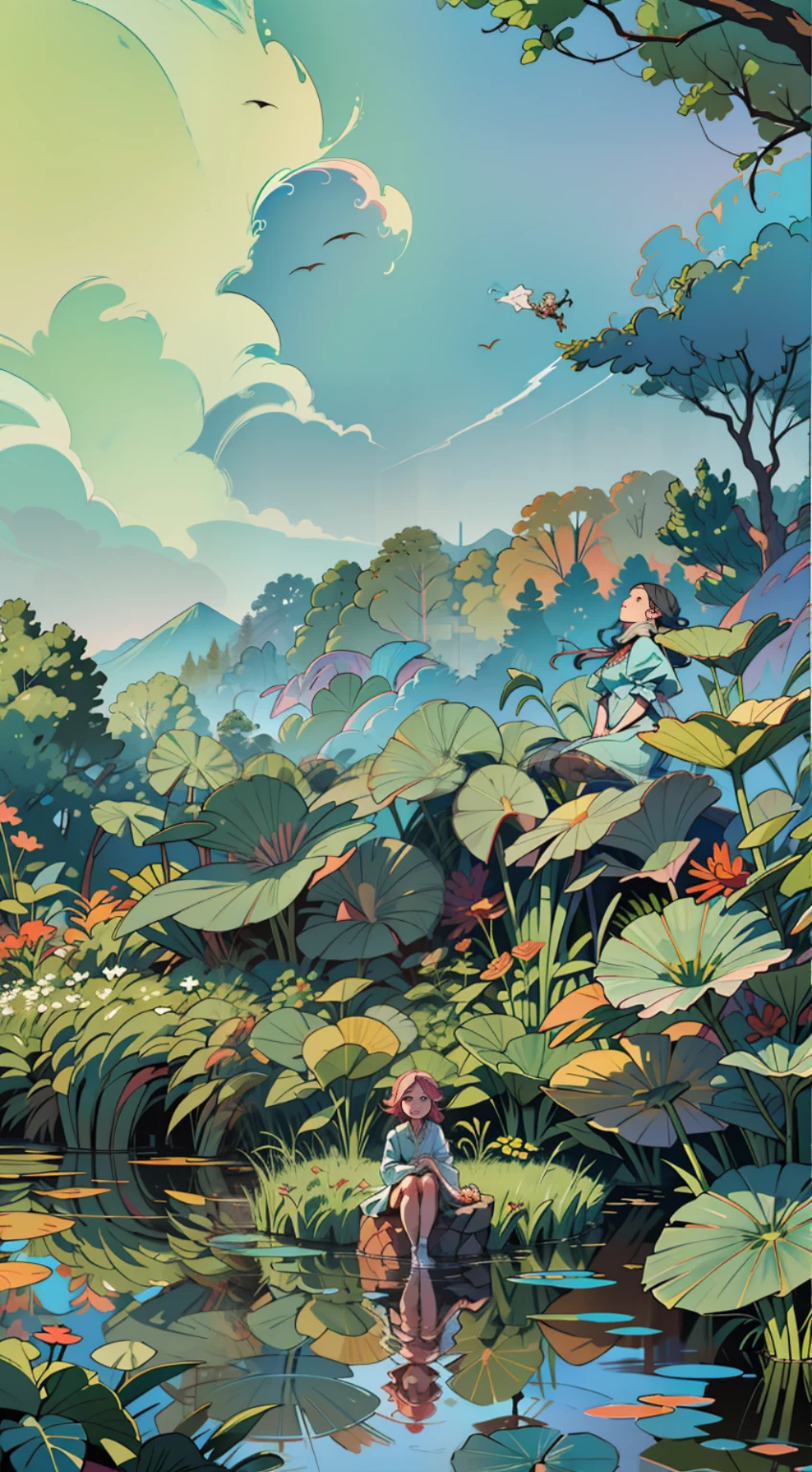 Masterpiece, best quality, very detailed, there is a little girl sitting on big leaves in a pond, official art, uniform 8k wallpaper, ultra detail, beauty and aesthetics, masterpiece, best quality, (zentangle, mandala, tangles, entanglement), (fractal art: 1.3), 1girl, very detailed, dynamic angle, cowboyshot, most beautiful forms chaotic, elegant, fauvist design, bright colors, romanticism, James Jean, Robbie Devi Antono, Ross Tran, Francis Bacon, Michal Mlaz, Adrian Ganey, Petra Cortwright, Gerhard Richter, Takashi Yamamoto, Ashley Wood, atmospheric, ecstatic notes, flow notes visible