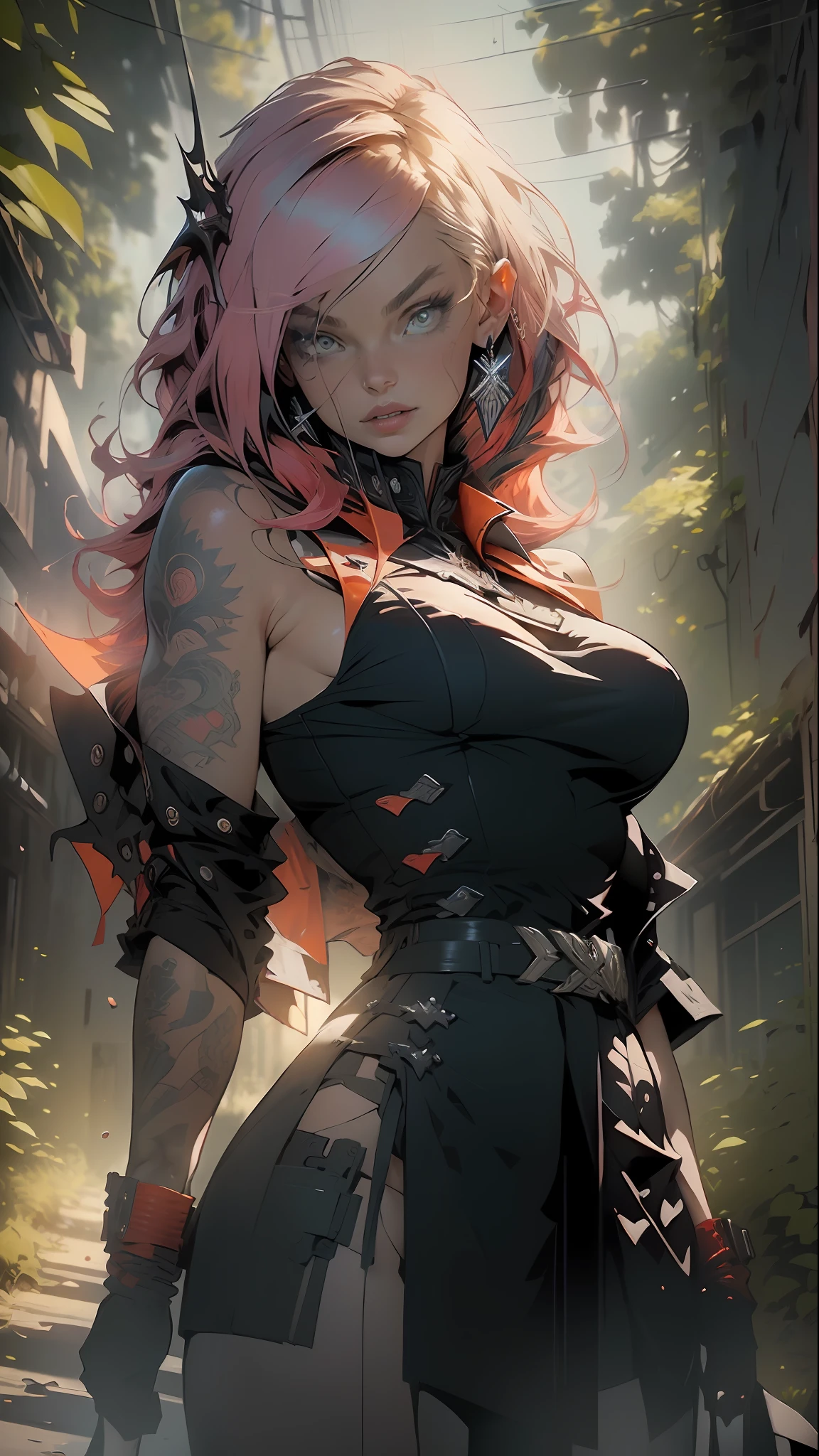 (original), (very detailed wallpaper), very detailed illustrations, Absurd, high definition, high resolution, (1 girl), (Margot Robbie), beautiful eyes, (delicate face), perfect details, very young girl of defined body thick thighs parts of the covered by torn gothic clothing showing the underside of the breasts, (((large breasts)), full body, perfect, inverted neckline, green mohawk hair with red and white locks,  tiny underwear, wide garter belt, by mucha, niji, close to real, best quality, almost naked, closed mouth, action pose, Tank Girl, Vampirella, tech city background, orange and dark blue outfit, shark mouth drawn on top of clothing, Chinese demon tattoos on arms, stylish energy \(module\), repairing, (better lighting),  (super-complex detail), 4K Unity, (super-detailed CG: 1.2), (8K: 1.2), realistic, HDR (High Dynamic Range),Ray Tracing, NVIDIA RTX,Super-Resolution,Unreal 5, Subsurface dispersion, PBR texture, Post-processing, Anisotropic filtering, Depth of field, Maximum clarity and sharpness, Multilayer textures, Albedo and specular maps, Surface shading, Accurate simulation of light-material interaction, Perfect proportions, Octane Render, Two-tone lighting,  Wide aperture, Low ISO, White balance, Rule of thirds, 8K RAW, crysisnanosuit