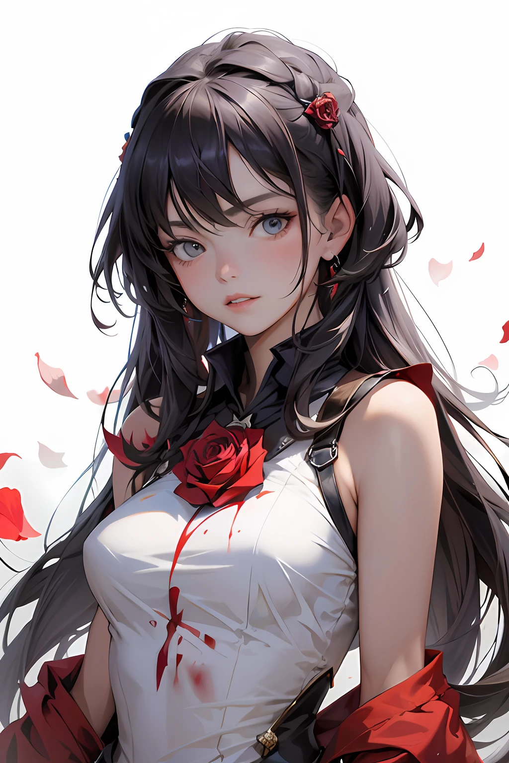 masterpiece, high quality, 1girl, solo, protrait, Joescarlett, hyper waifu, fcPortrait, blood, rose petals, upper body, simple background, illustration,