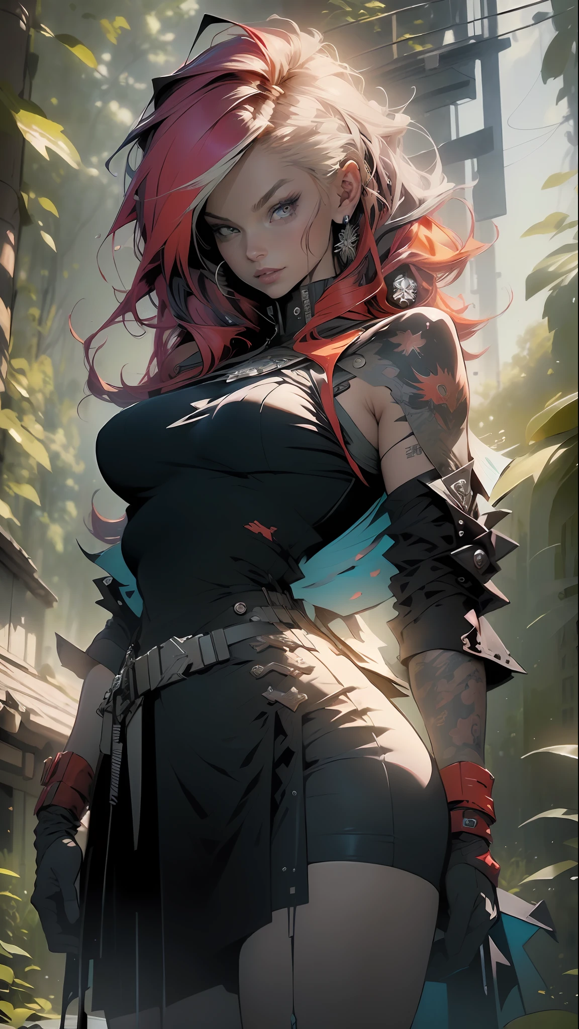 (original), (very detailed wallpaper), very detailed illustrations, Absurd, high definition, high resolution, (1 girl), (Margot Robbie), beautiful eyes, (delicate face), perfect details, very young girl of defined body thick thighs parts of the covered by torn gothic clothing showing the underside of the breasts, (((large breasts)), full body, perfect, inverted neckline, green mohawk hair with red and white locks, tiny underwear, wide garter belt, by mucha, niji, close to real, best quality, almost naked, closed mouth, action pose, Tank Girl, Vampirella, tech city background, orange and dark blue outfit, shark mouth drawn on top of clothing, Chinese demon tattoos on arms, stylish energy \(module\), repairing, (better lighting), (super-complex detail), 4K Unity, (super-detailed CG: 1.2), (8K: 1.2), realistic, HDR (High Dynamic Range),Ray Tracing, NVIDIA RTX,Super-Resolution,Unreal 5, Subsurface dispersion, PBR texture, Post-processing, Anisotropic filtering, Depth of field, Maximum clarity and sharpness, Multilayer textures, Albedo and specular maps, Surface shading, Accurate simulation of light-material interaction, Perfect proportions, Octane Render, Two-tone lighting, Wide aperture, Low ISO, White balance, Rule of thirds, 8K RAW, crysisnanosuit