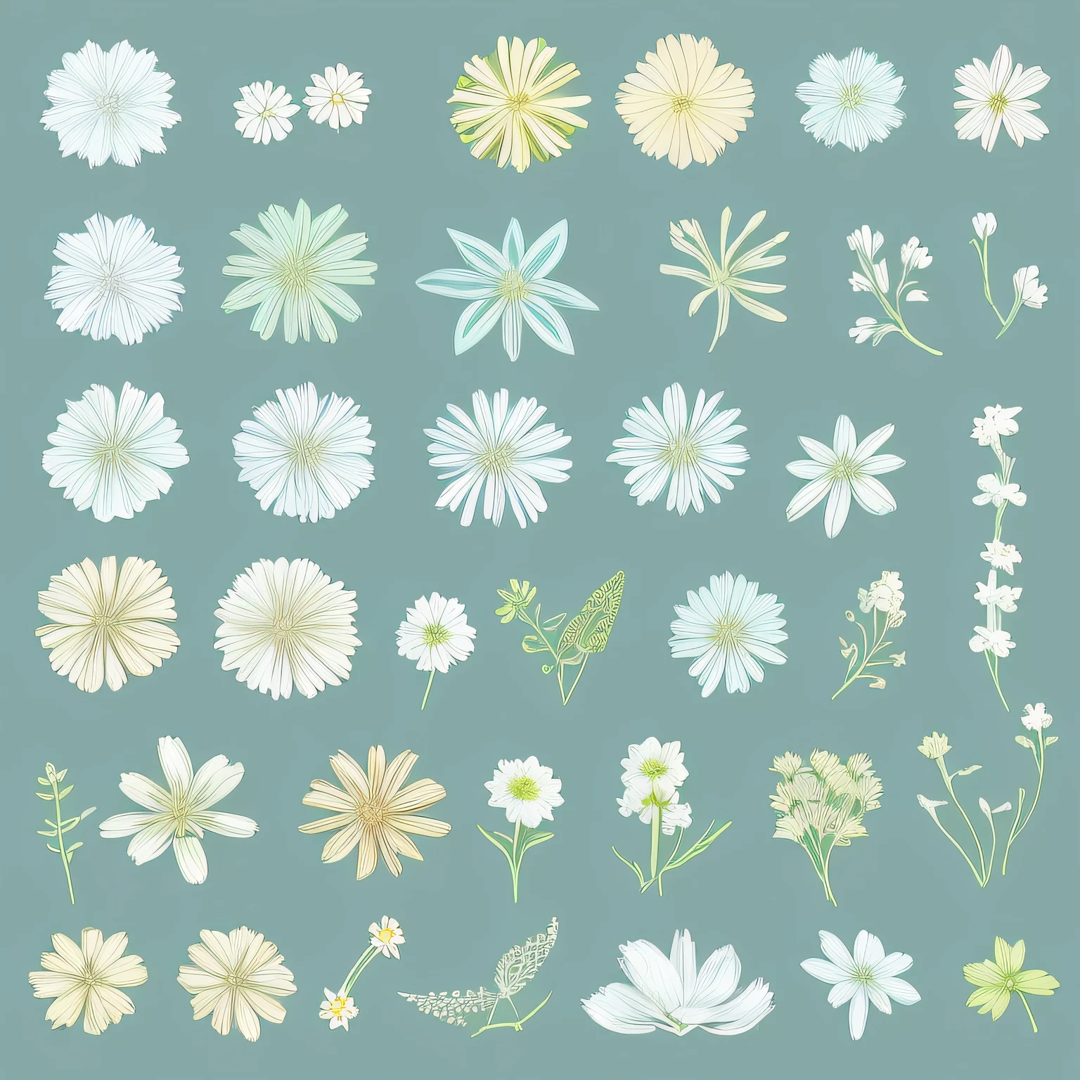 Small flower design, botanical style, label style, flat style, vector style, drawing style, naïve style, in very soft pastel colors such as light blue, pink, pastel purple, pastel green, pastel blue, blue, emerald, pastel blue, light blue, beige, light pastel yellow.